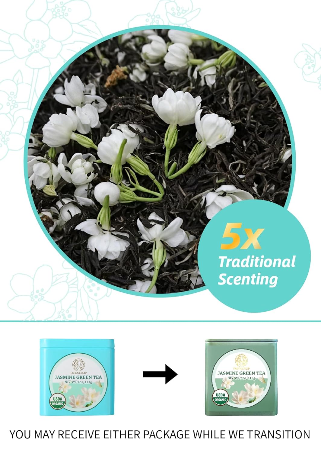Essencesip Organic Jasmine Green Tea Loose Leaf, 4oz Tin – Scented 5x with 6,000 Fresh Jasmine Blossoms, Low Caffeine, Antioxidant-Rich