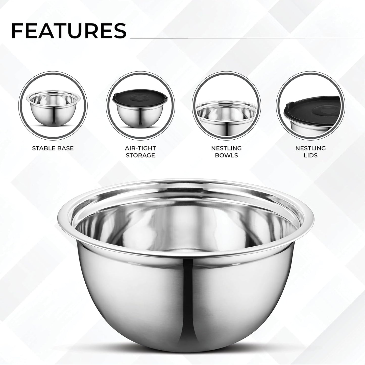 AVADOR Premium Stainless Steel Mixing Bowls Sets Brushed Stainless Steel Mixing Bowl Set, Easy To Clean, Space Saving, Great for Cooking, Baking, Prepping Needs (8 pc with Lid and Grater)