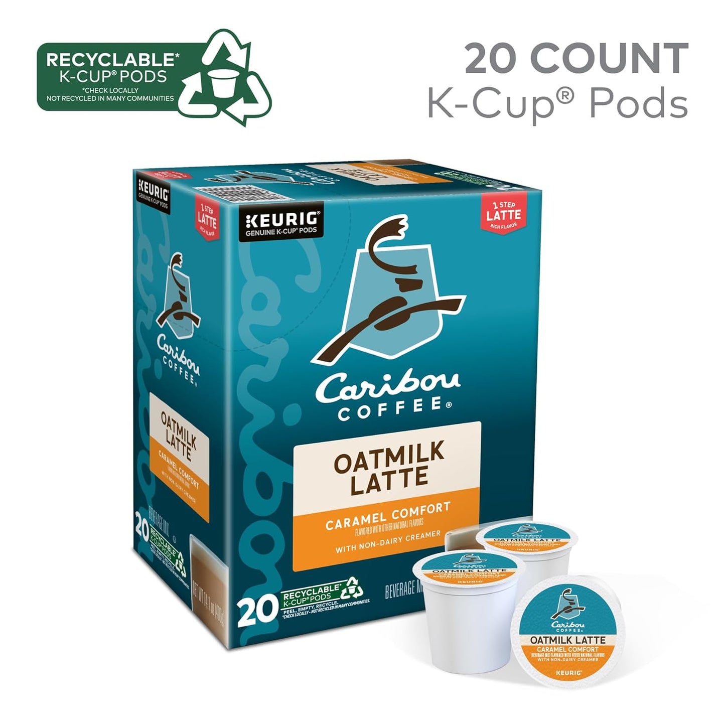 Caribou Coffee Caramel Comfort Oatmilk Latte, One Step Latte Single Serve Keurig K-Cup Pods, 20-Count Box