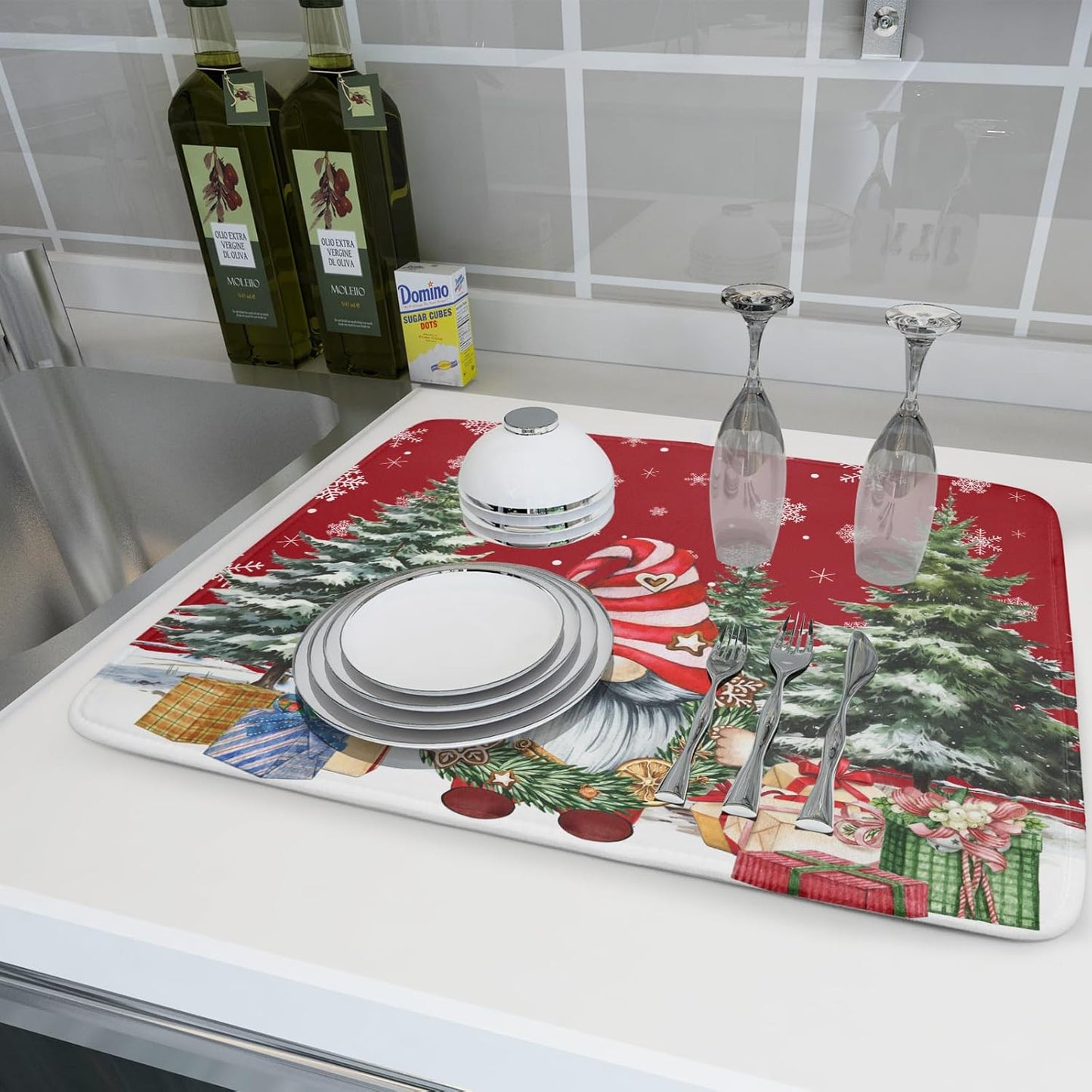 Christmas Dish Drying Mat for Kitchen Counter, Merry Christmas Dish Drying Mat 18 x 24 Inch Xmas Gnomes Absorbent Reversible Microfiber Dish Drying Pad Kitchen Drying Mat for Coffee Bar