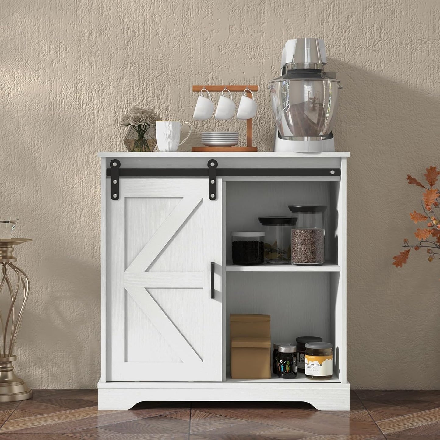 Panana Sliding Barn Door Buffet Sideboard Storage Cabinet Coffee Bar Kitchen Farmhouse Style (White)