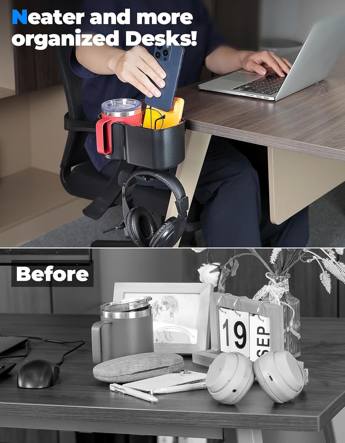 KEMIMOTO Desk Cup Holder with Headphone Hanger, 2 in 1 Caddy Organizer for Office Table, Lawn Chair, Golf Cart, Pontoon Boat, Fit for Most 18-32 oz Bottles (1)