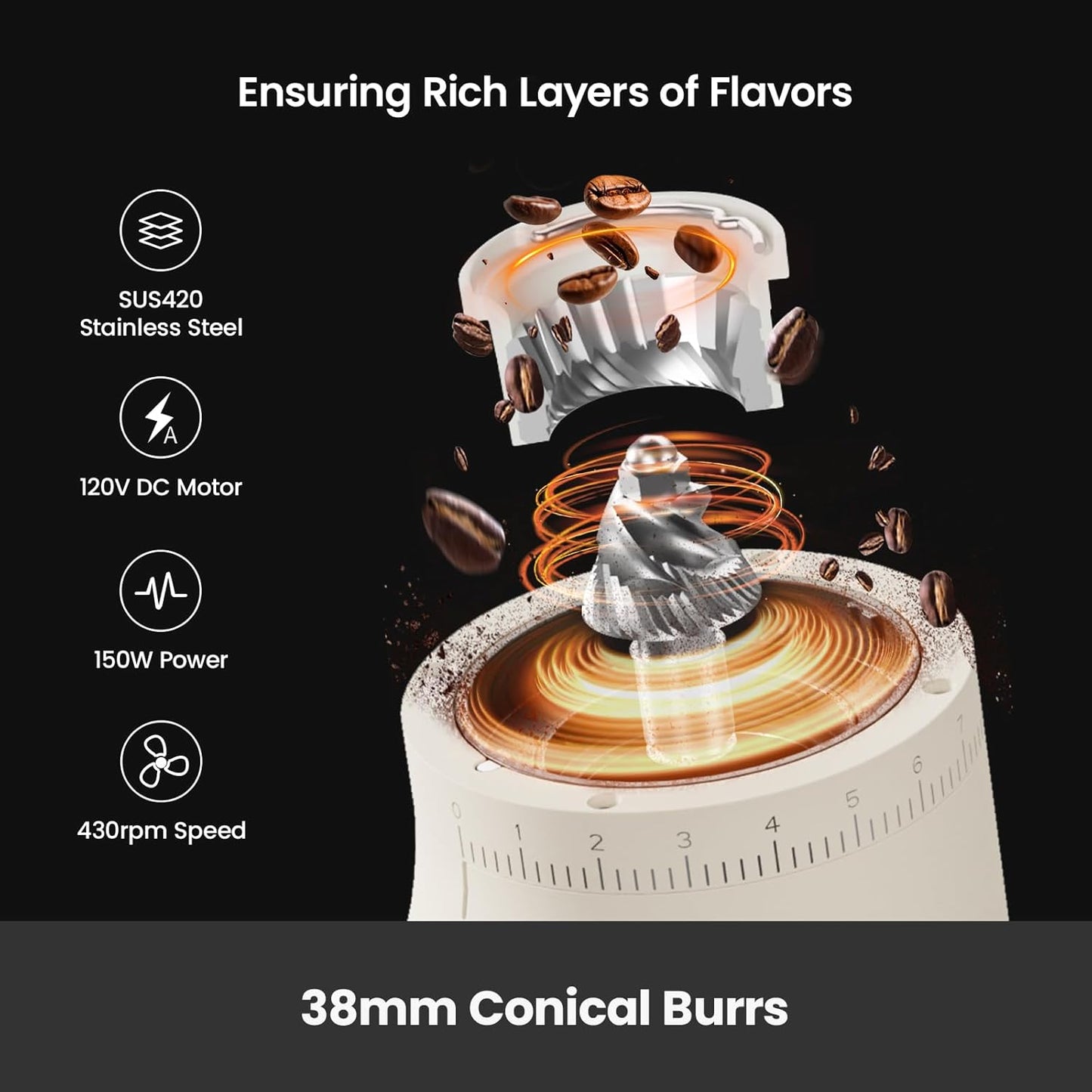 Gemilai Electric Conical Burr Coffee Grinder, Coffee Bean Grinder with Smart 60S Timer, 60 Precise Adjustable Grind Settings for Espresso, 2-12 Cup, Easy to Clean, Durable & Quiet, G9010B White