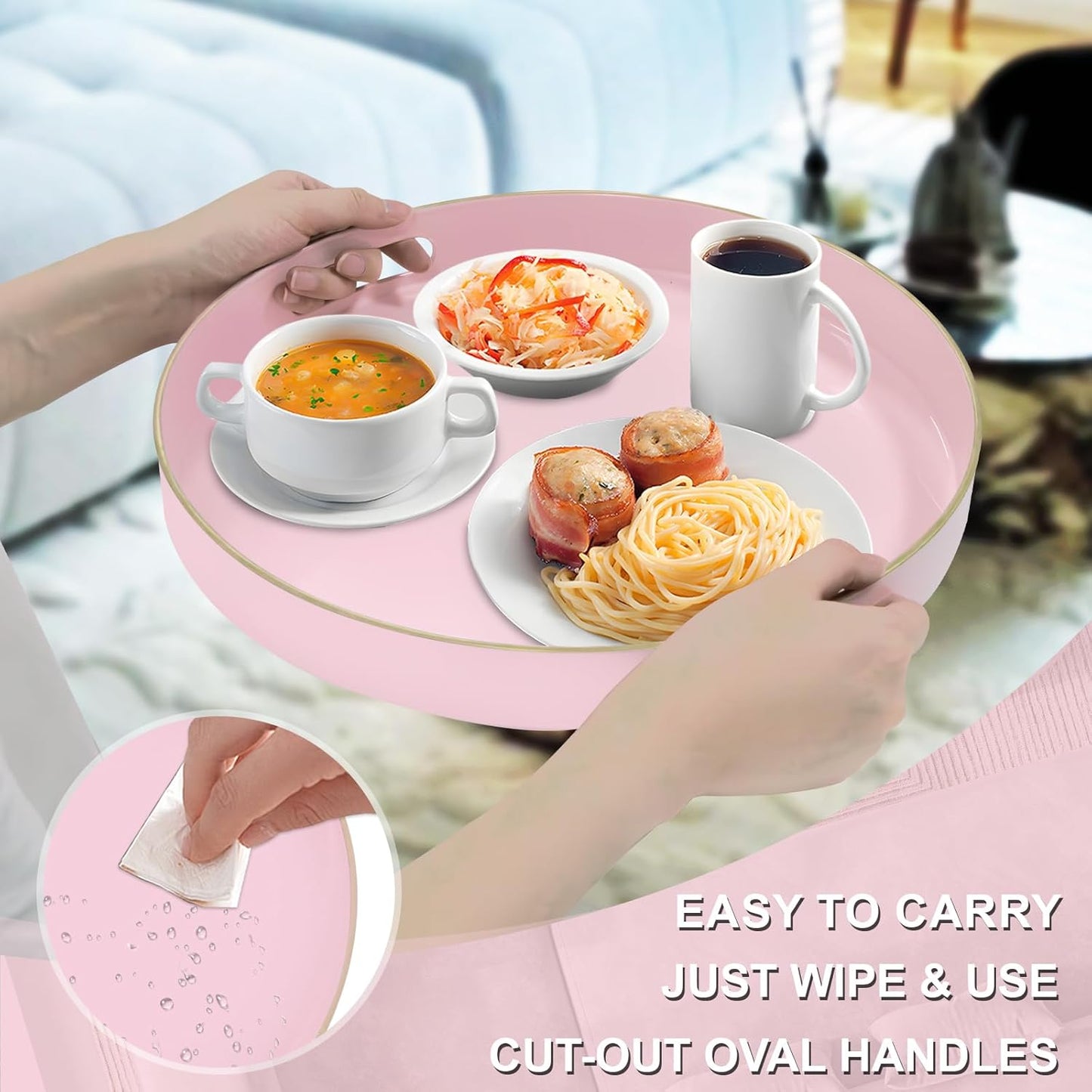 MAONAME 13" Round Tray, Pink Serving Tray with Handles, Modern Decorative Trays for Coffee Table, Plastic Ottoman Trays for Ottoman, Bathroom, Decor