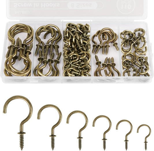 RELBRO Screw Hooks, 6 Sizes Metal Screw in Cup Hooks, 1/2 Inch, 5/8 Inch, 3/4 Inch, 7/8 Inch, 1 Inch, 1-1/4 Inch, Bronze, 110 Pcs