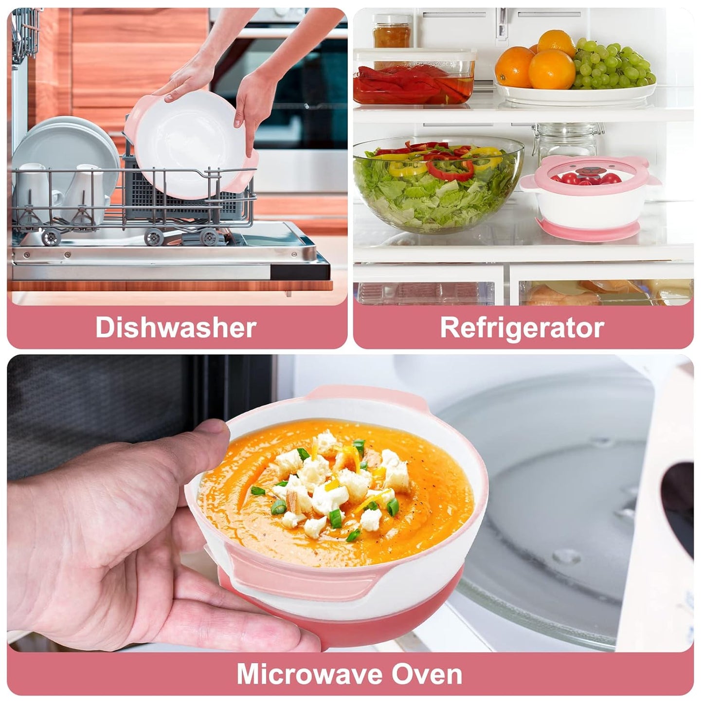 MR. CHOU Suction Baby Bowls with Leakproof Tempered Glass Lids for Babies & Toddlers, Ceramic First Stage Infant Feeding Supplies with Handles, 100% Food Grade Snack Cotainer for Kids, Pink