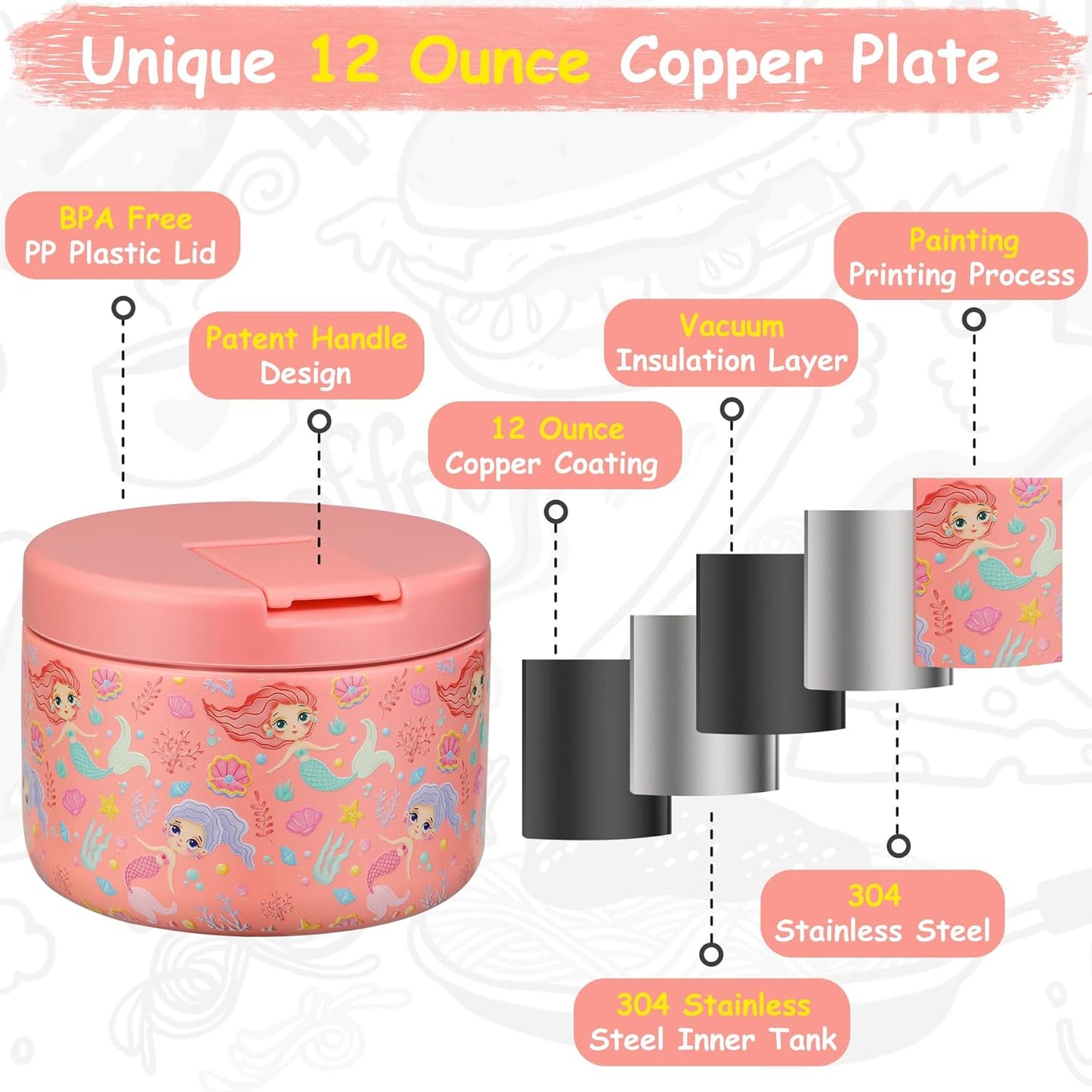 12oz Insulated Vacuum Food Jar with Buckle Lid Wide Mouth Soup Thermo for Hot Food Kids Leakproof Stainless Steel Lunch Container (mermaid)