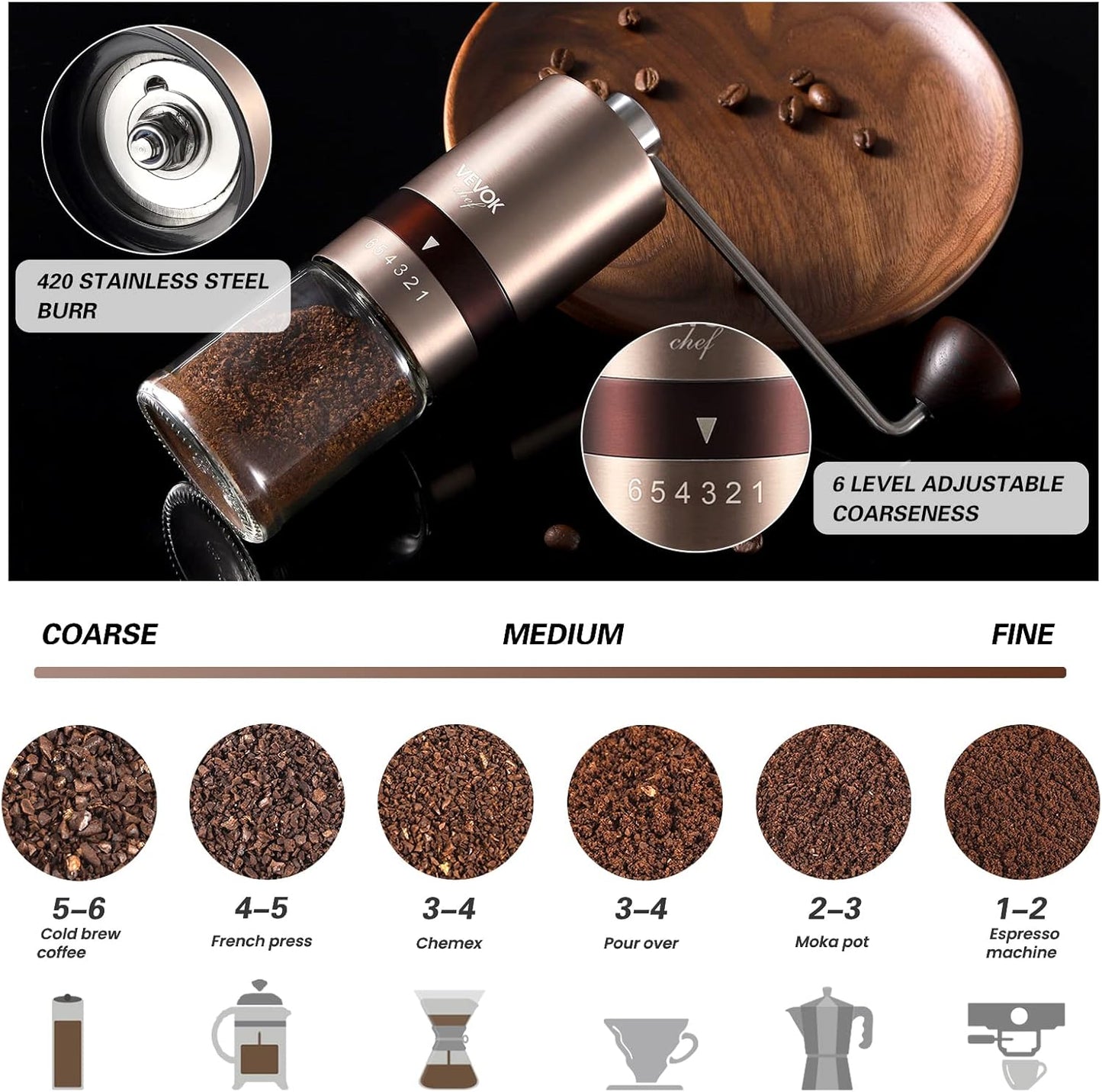 VEVOK CHEF Gold Manual Coffee Grinder Stainless Steel Burr Coffee Grinder with Portable Bag External Adjustable Setting Small Hand Coffee Grinder Ultra Fine for Espresso at Home Morning Coffee