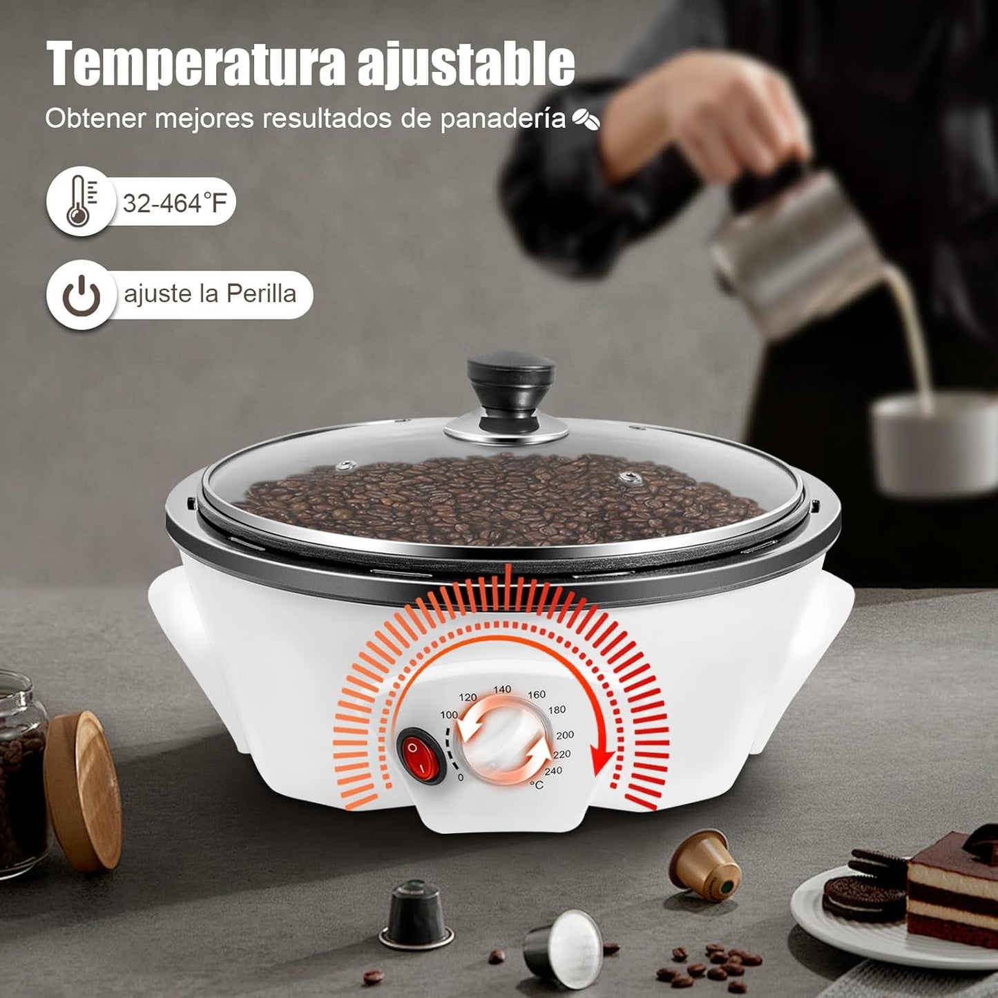 Electric Coffee Roaster, 110V 800W Household Coffee Bean Roasting Baking Machine w/Lid, 500g Capacity(Raw Coffee Beans), 0-240℃ Temperature Adjustment, Non-Stick, for Cafe Shop Home Use