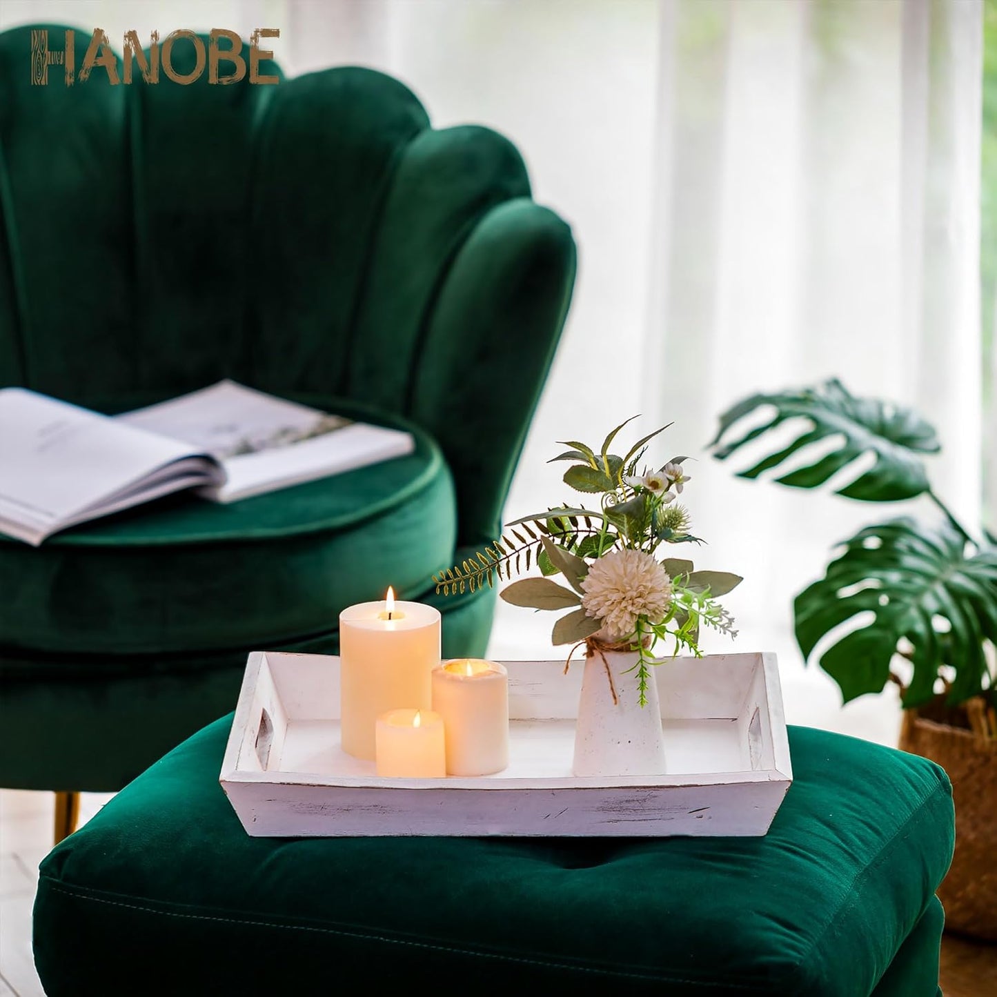 Hanobe Decorative Wooden Serving Tray: Rustic Wood Ottoman Trays for Coffee Table Rectangular Tray with Handles for Living Room Kitchen Home Decor, White