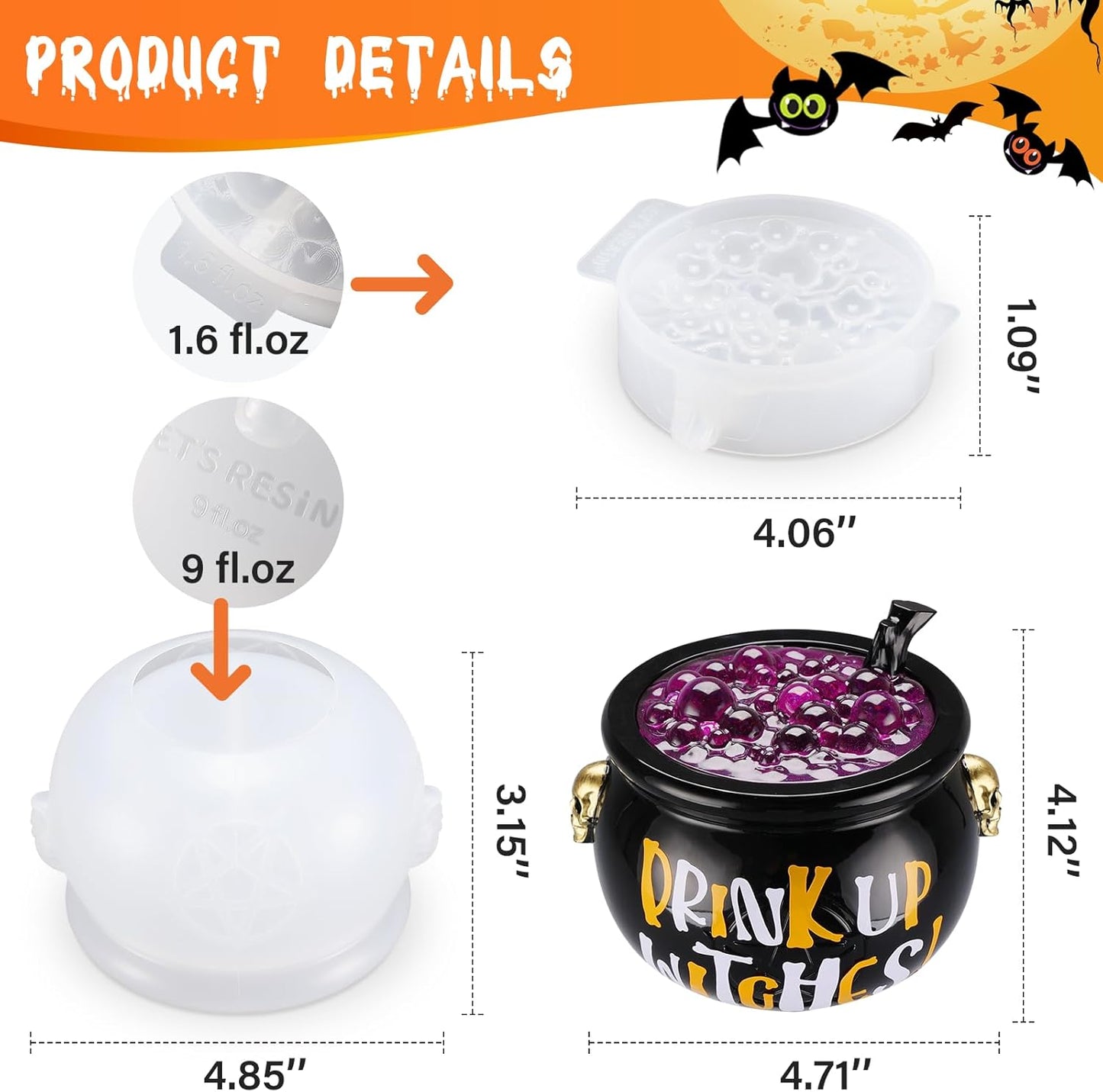 LET’S Resin Witch Cauldron Resin Mold, Halloween Resin Molds, 3D Jar Resin Molds Silicone 4.7'' Width, Large Jar Molds for Epoxy Resin Casting Craft, Storage Box,Candy Container,Candle Holder
