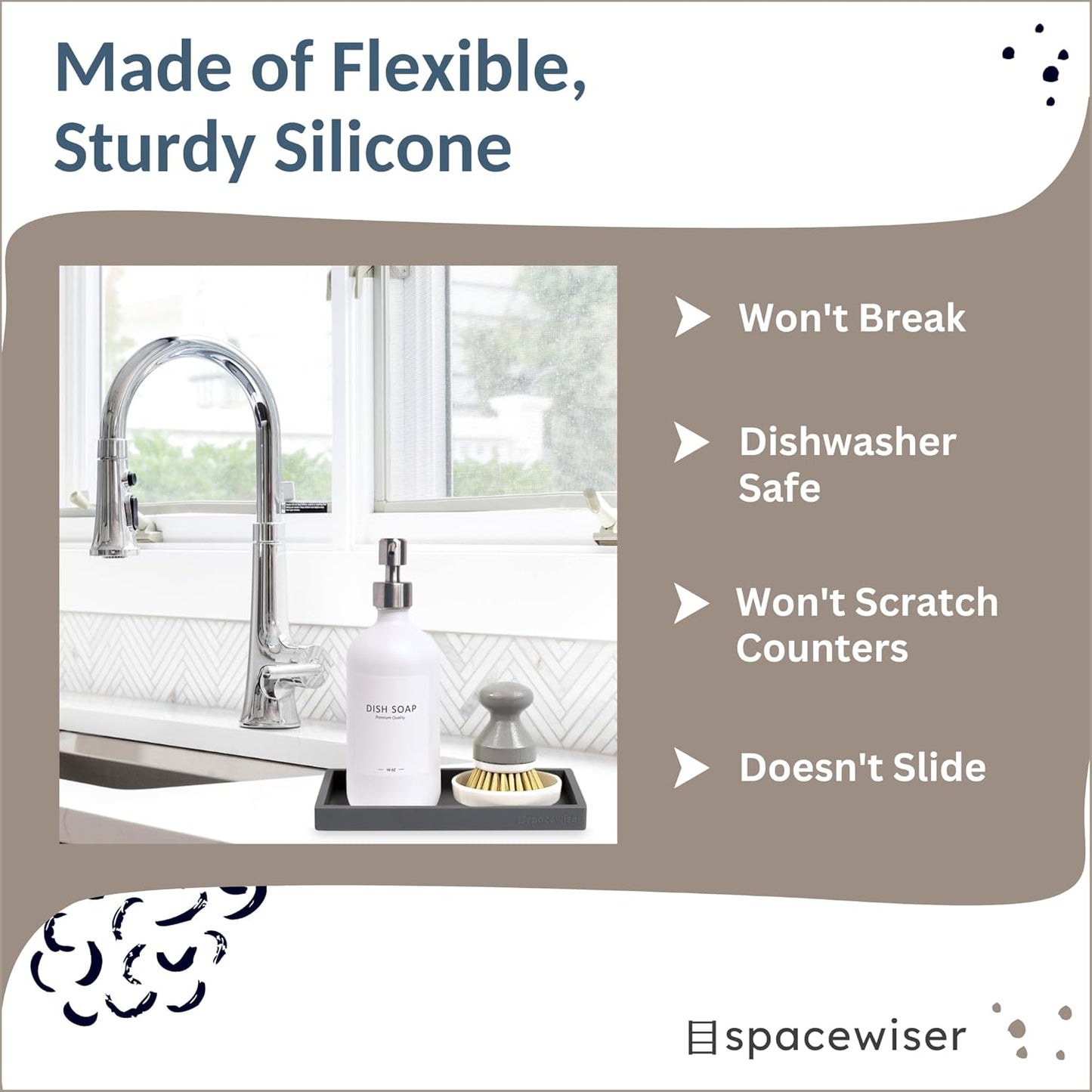 Countertop and Vanity Tray - Small 7.7" Silicone Tray for Soap Dispenser Bottles, Bathroom Trays, Kitchen Sink Soap Trays, Sink Caddy Kitchen Sinks Organizer, Soaps Dish & Sponge Holder Mat