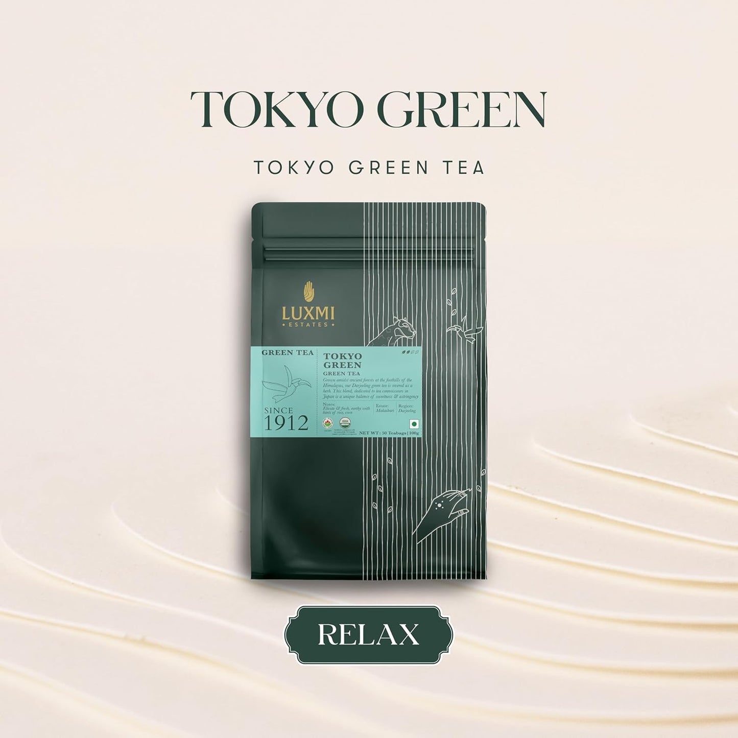 Luxmi Estates Tokyo Green Organic Green Tea (50 Tea Bags) Tea Bags For Relaxing, Calming, and Stress Relief, With Certified Organic Darjeeling Makaibari Green Tea