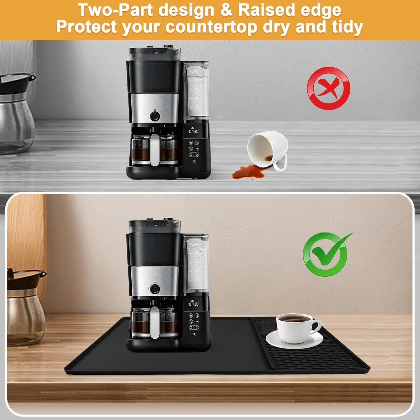 Silicone Coffee mat 24''x16'' – Non-Slip Bar Mat with Detachable Drying Layer for Espresso Machines, Countertops & Dish Racks-Black