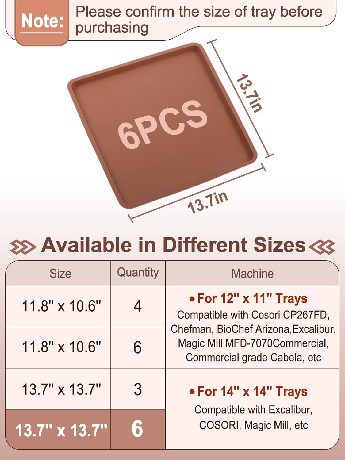 Aulock 6 Pcs Silicone Food Dehydrator Sheets with Edge, Compatible with Cosori/Excalibur/Magic Mill 14" x 14" Trays, Square Non-stick Tray Liner, High Temperature Resistance Reusable Dryer Mats