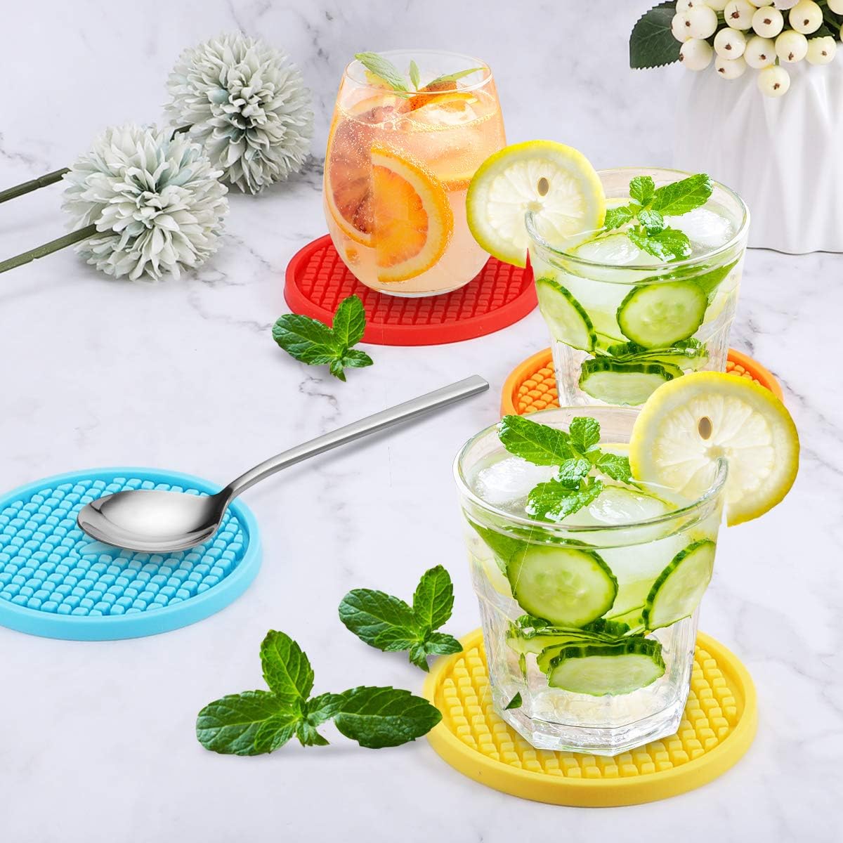 ME.FAN Silicone Coasters [6 Pack] Thickened Drink Coasters with Holder - Cup Mat - Non-Slip, Non-stick, Stay Put, Deep Tray - Prevents Furniture and Tabletop Damages(Orange)