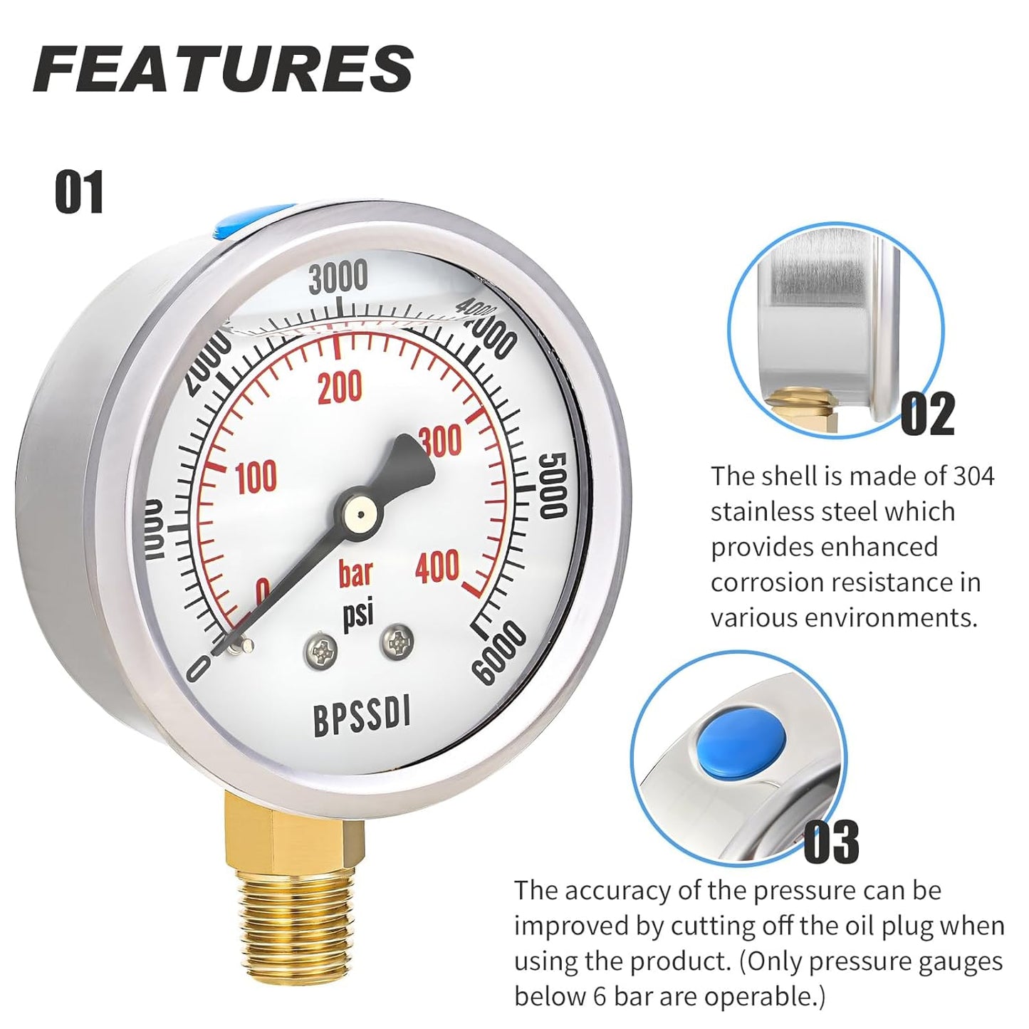 0-6000 Psi Glycerin Liquid Filled Hydraulic High Pressure Gauge, 2.5" Dial Size, 1/4" NPT Lower Mount, 304 Stainless Steel Case, for Water Oil Air Gas Pressure Test