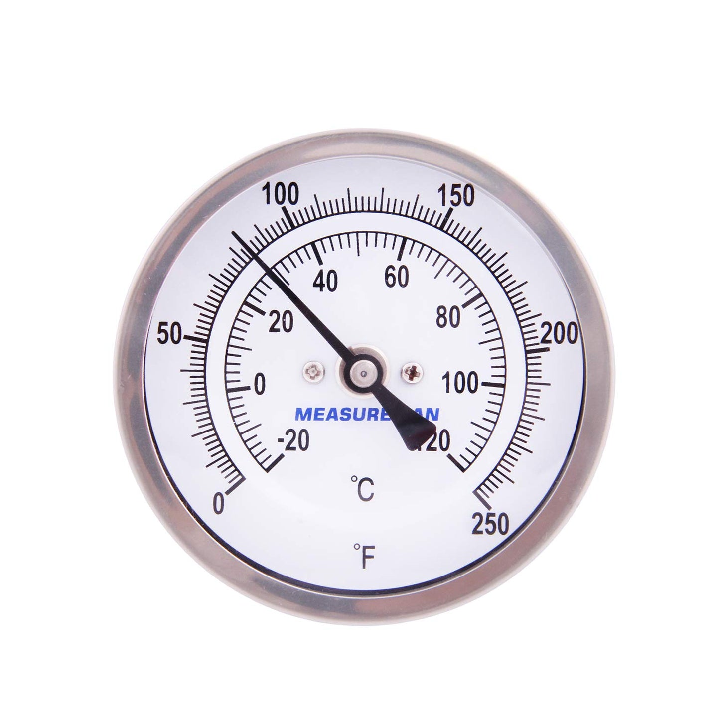 MEASUREMAN Fully Stainless Steel Pot, Kettle, Brewing Bimetal Thermometer, 3" Dial, 2-1/2" Stem, 0-250 deg F/-20-120 deg C, -1% Accuracy, Adjustable, 1/2" NPT Back Mount