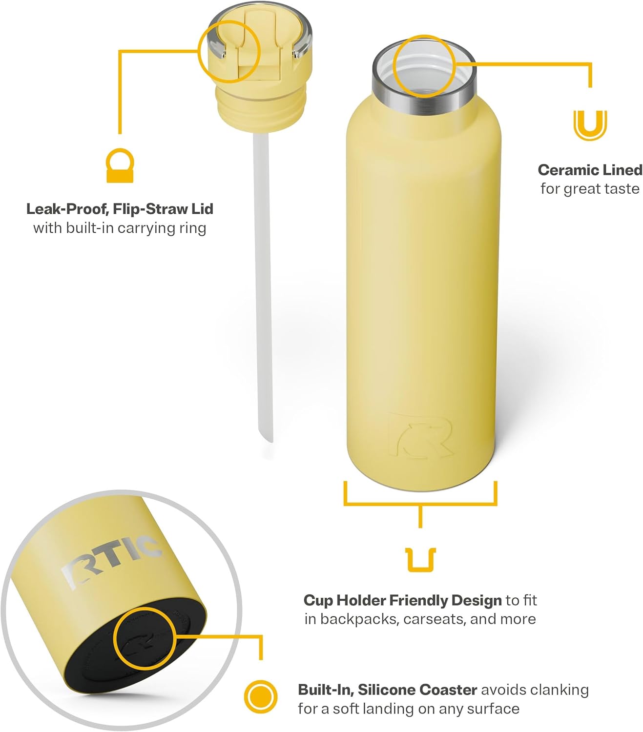 RTIC 20oz Journey Bottle Metal Stainless Steel Vacuum Insulated, BPA Free, Reusable, for Water, Hot and Cold Drinks, Travel, Sports, Camping, Sunlight