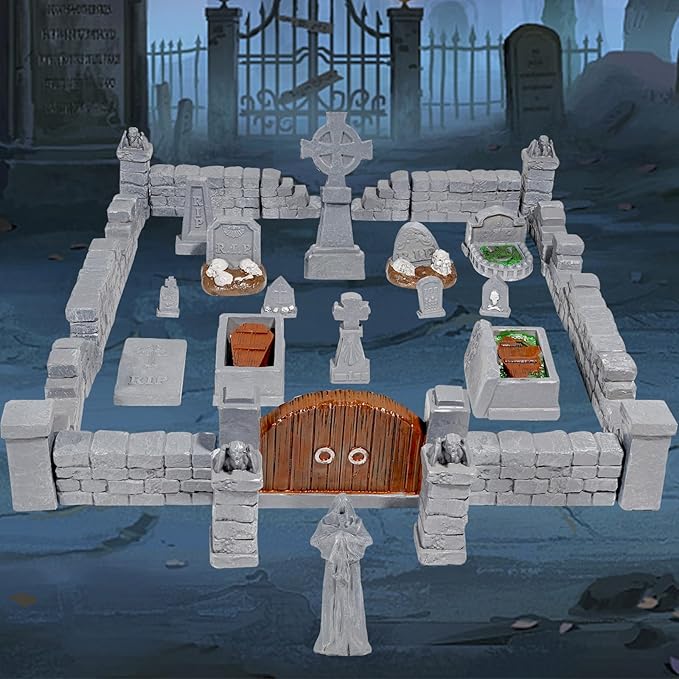 Warmtree 38 Pcs Graveyard Terrain Miniatures Set, Halloween Miniature Tombstones Figurine Mini Resin Tombstones for Diorama Supplies Miniature Graveyard Scene DIY Crafts Outdoor Decorations