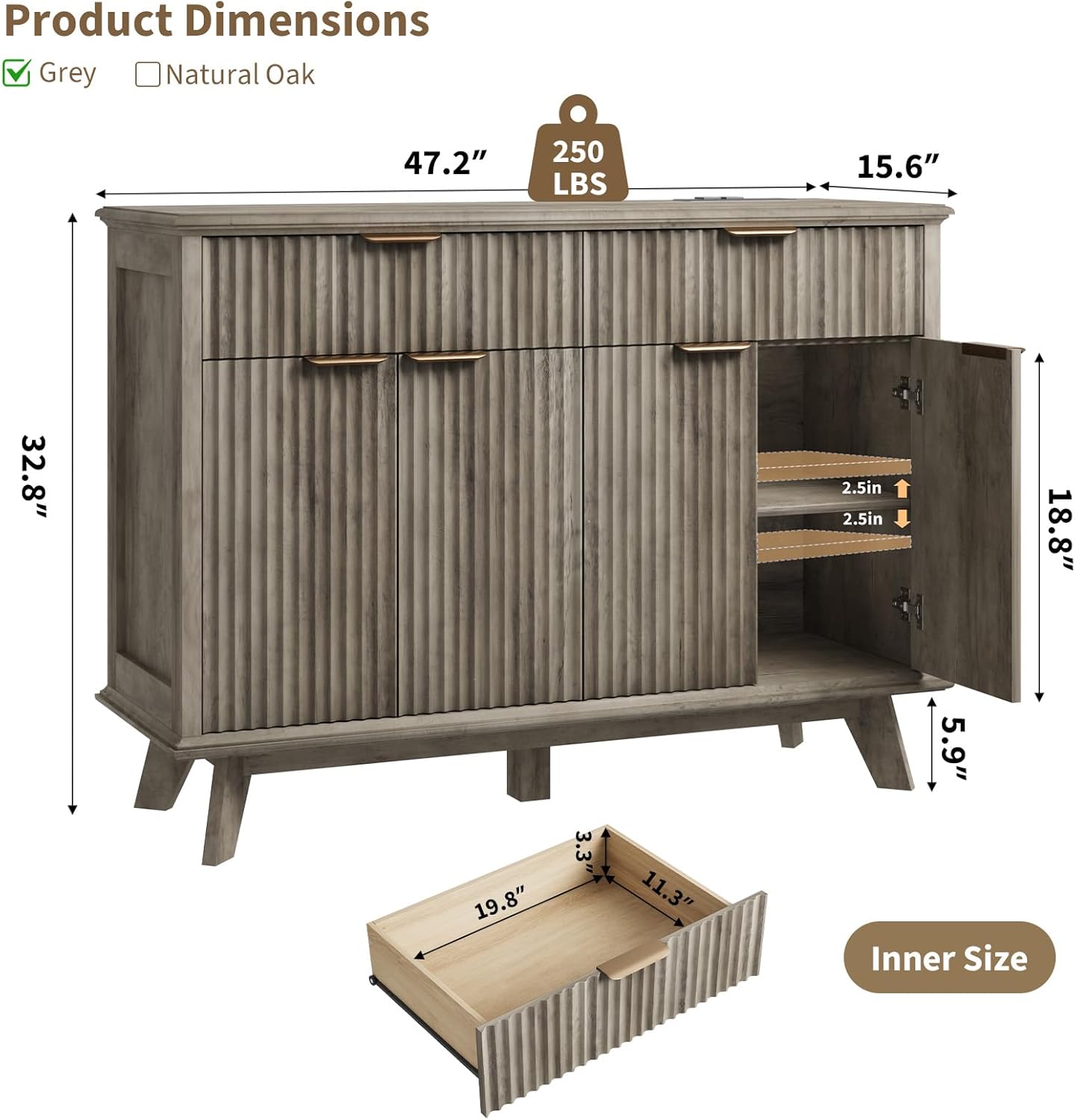 QUW Fluted Buffet Sideboard Cabinet with Storage, 47.2" Kitchen Cabinet with Drawers and Adjustable Shelves, Modern Coffee Bar with Charging Station, for Dining Room, Living Room, Grey