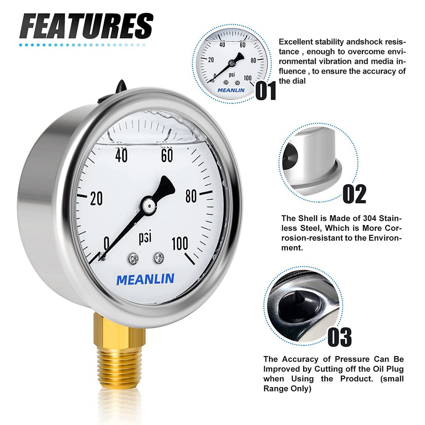 MEANLIN MEASURE 0~100Psi Stainless Steel 1/4" NPT 2.5" Single Scale FACE DIAL, Glycerin Filled Pressure Gauge, WOG Water Oil Air, Lower Mount, with 1/2" NPT and 3/8" NPT Hex Bushing