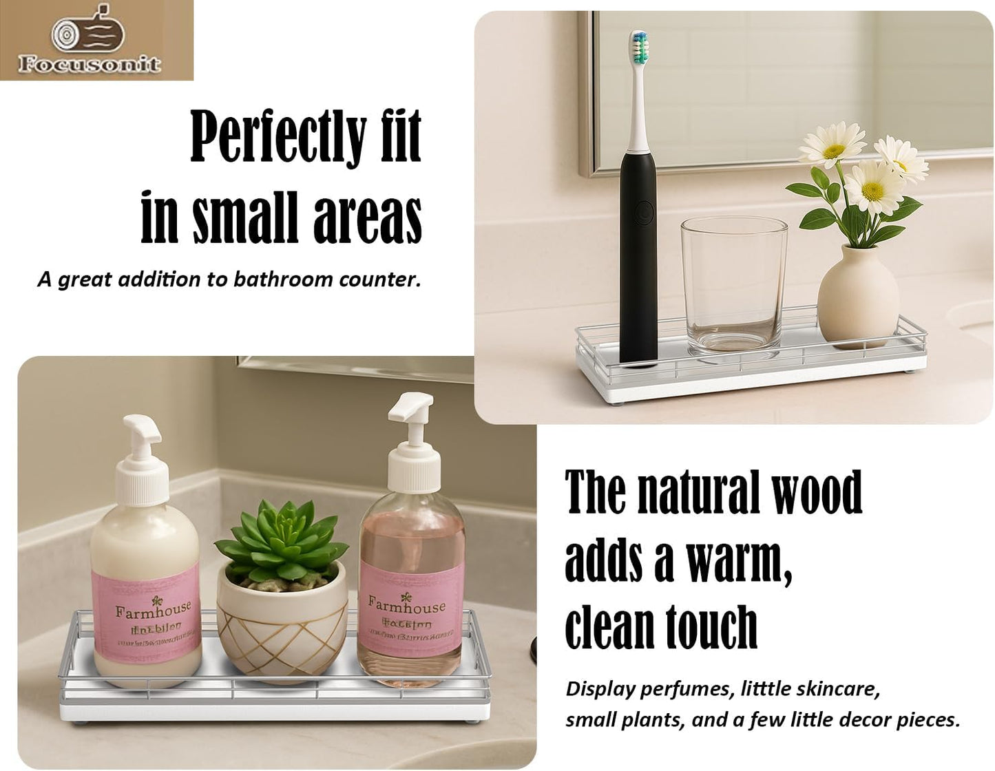 Bathroom Tray for Counter, Oak Wooden 11.2" L Vanity Tray for Jewelry Candle Makeup Perfume, Holder for Coffee Table Decor Bar Silver