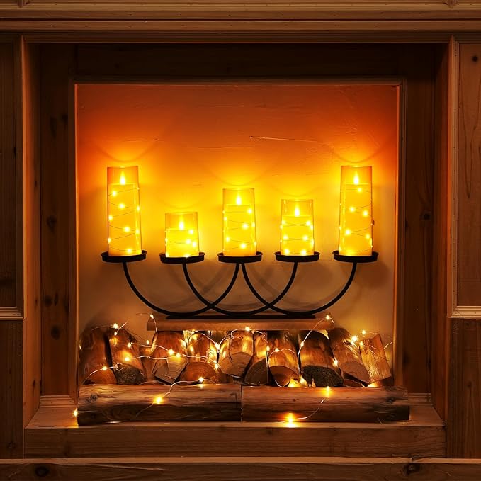 Homemory 9 Pcs Flameless Candles with Embedded Star String Fairy Lights, Battery Operated Candles, LED Candle, Fake Candles with Remote Control and Timer (Gold)