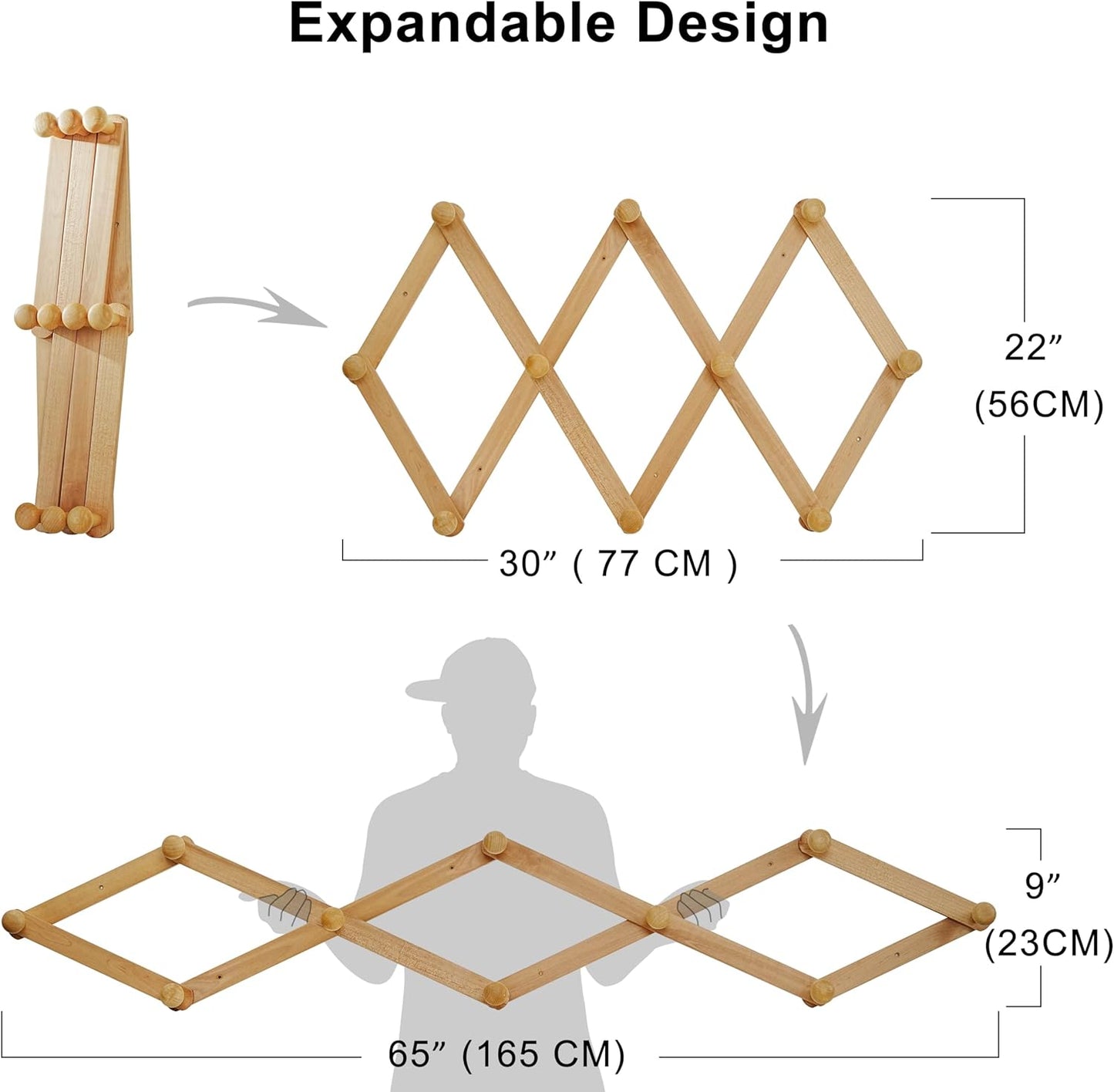 Dseap Expandable Coat Rack (Larger Version) - 24” High, Anti-Slip, Ultra Heavy Duty Wooden Accordian Wall Hanger with 10 Study Peg Hooks for Clothing Hats Jackets Bags, Black/Natural