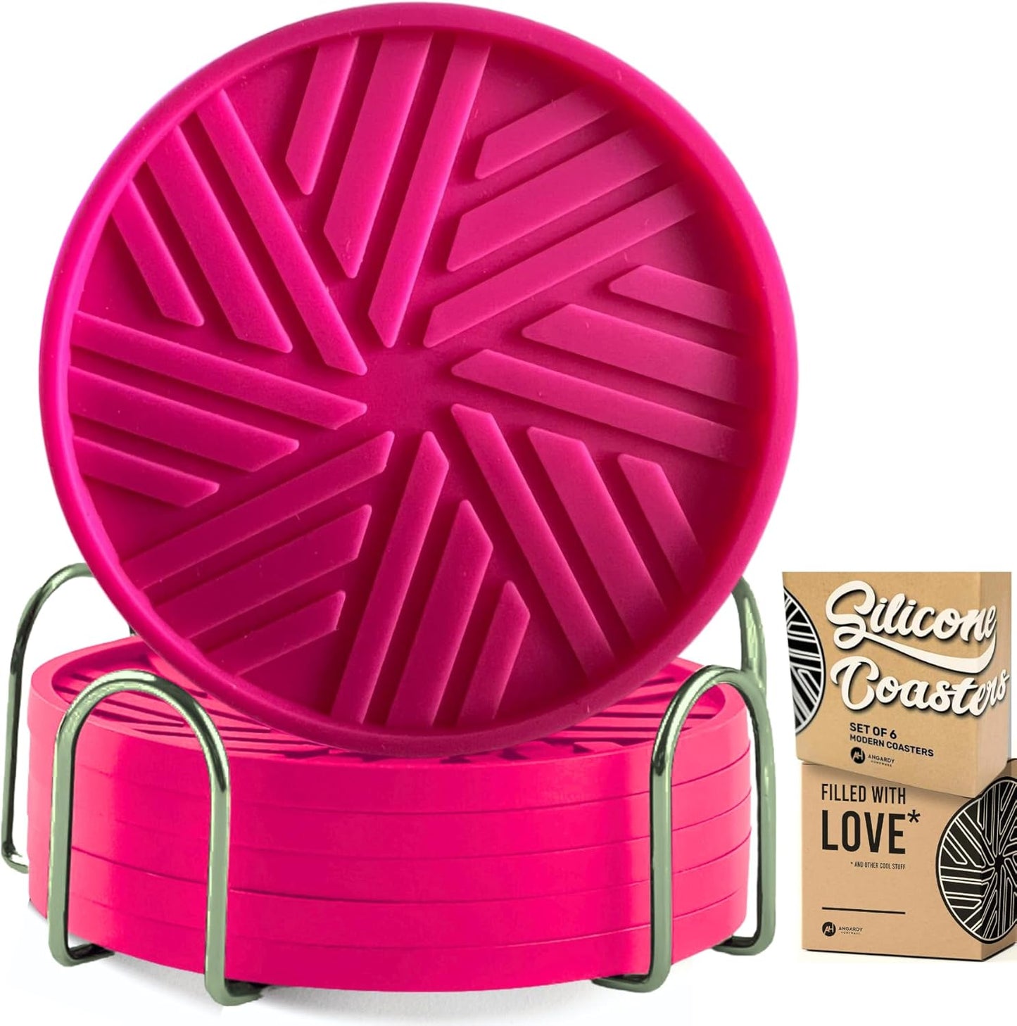 Silicone Coasters with Holder - 6 Pack - Absorbent Table Coasters for Drinks - Home Decor Coffee Table - with Stylish Groove Pattern -Housewarming Gifts Cute Pink