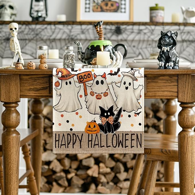 Artoid Mode Beige Ghost Jack-O'-Lantern Black Cat Halloween Table Runner,Holiday Kitchen Dining Table Decoration for Home Party Decor 13 x 108 Inch