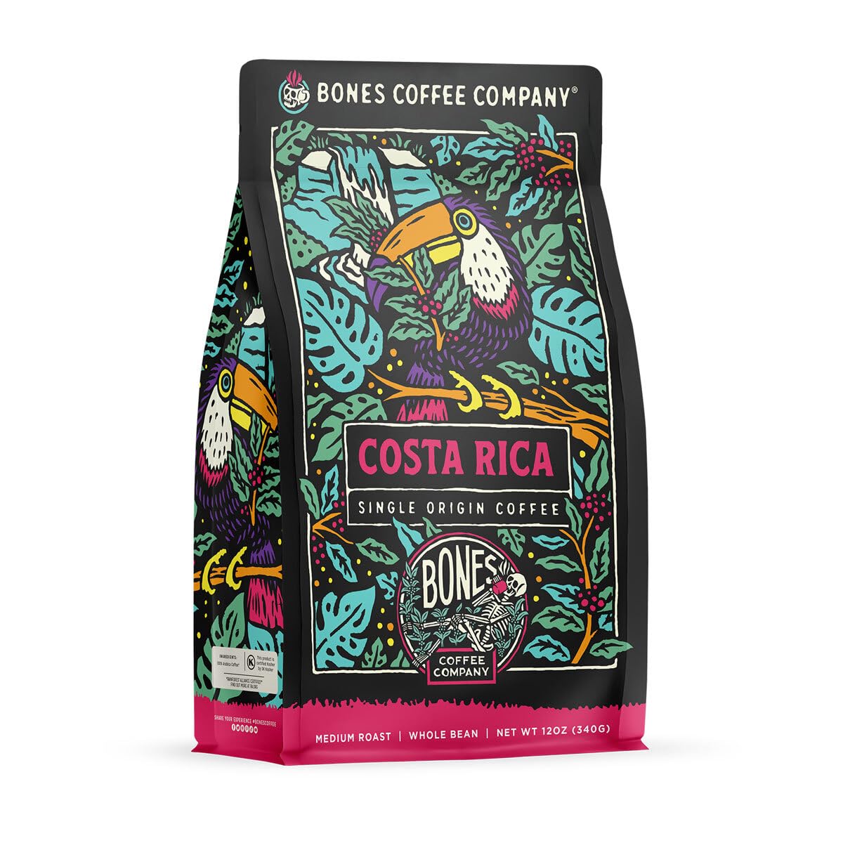 Bones Coffee Company Costa Rica Single-Origin, Cocoa, Nutty and Milk Chocolate Notes, Whole Coffee Beans, Low Acid Medium Roast Arabica Beans Flavored Coffee for Auto drip, 12 oz Whole Bean