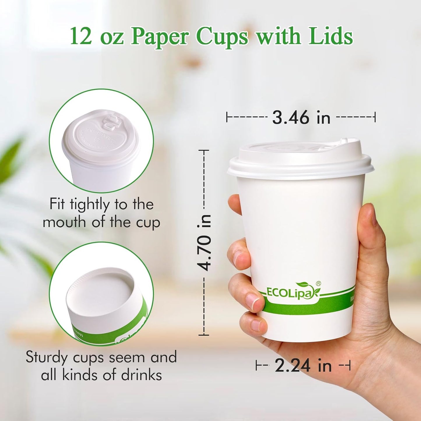 ECOLipak 100 Count 12 oz Compostable Paper Coffee Cups, Biodegradable Disposable Coffee Cups with CPLA Lid, Eco-friendly Hot Drinking Cups for Party, Picnic, Travel, and Events