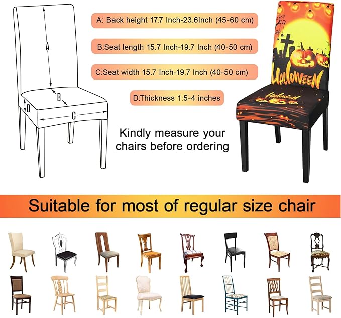 JQinHome Orange Halloween Chair Slipcover, Pumpkin Chair Covers Set of 6, High Stretch Washable Chair Protector Cover for Dining Room, Kitchen,Home Party,Wedding Ceremony(Orange,6PC)