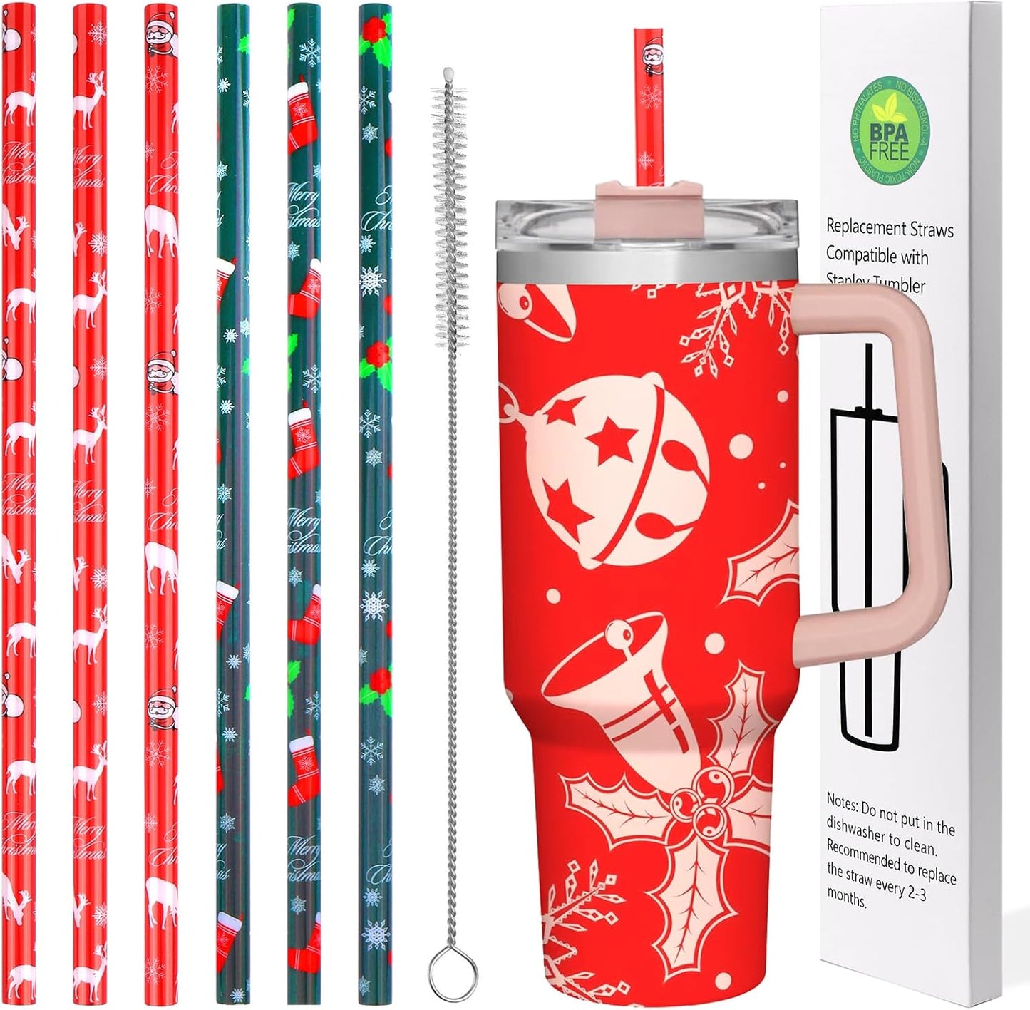 AIERSA 6 Pack Christmas Straw Replacement for Stanley 30&40oz,Plastic Reusable Straw for Stanley Tumbler,Long Straws with Cleaning Brush for Stanley Cup Accessories