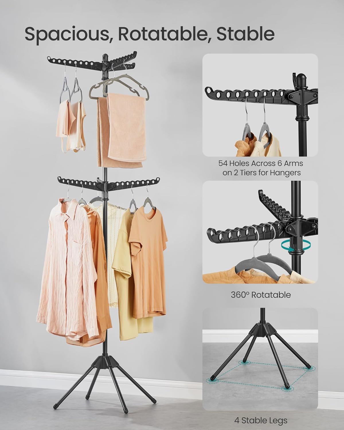 SONGMICS 2-Tier Clothes Drying Rack, 75.2-Inch Folding Laundry Drying Rack with 6 Rotatable Arms for Hangers, Stainless Steel, for 54 Pieces of Clothes, Black ULLR514B01