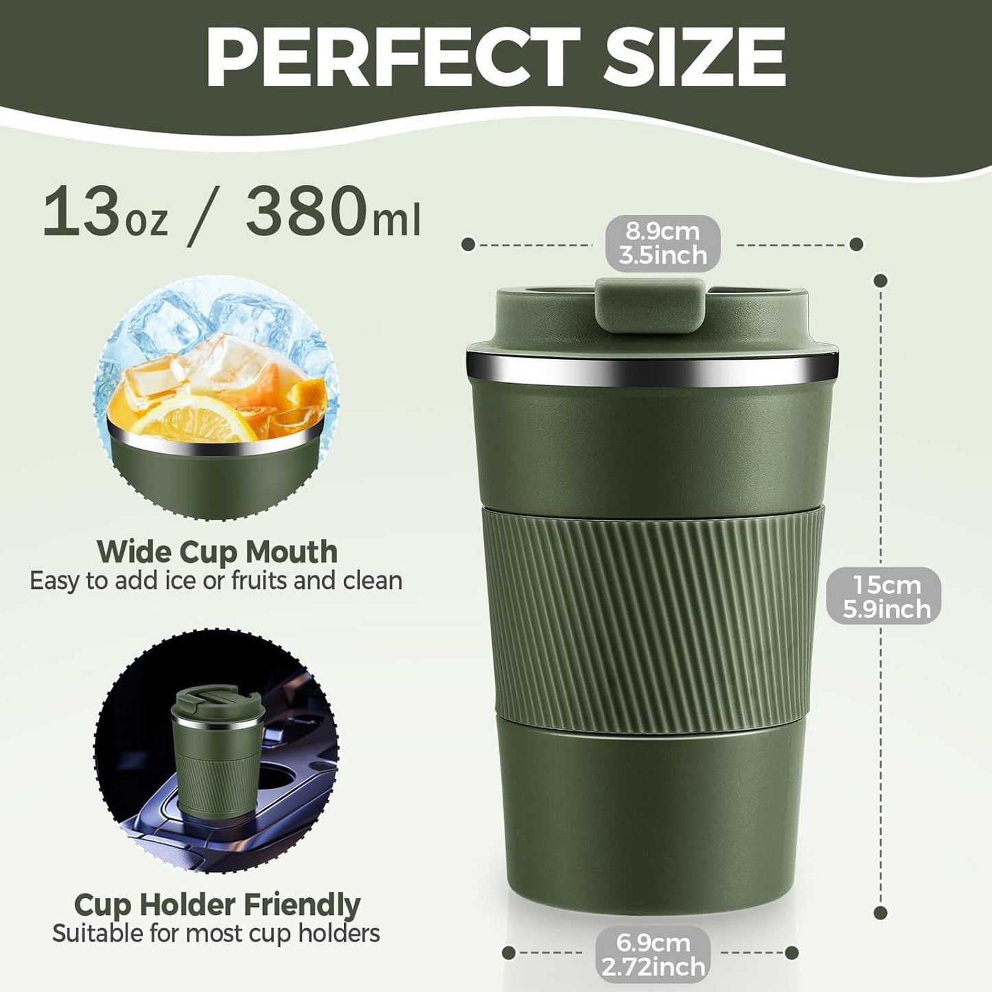 Volhoply 13 oz Stainless Steel Insulated Travel Coffee Mug with Fip Lid,Reusable Double Wall Vacuum Metal Coffee Cup,Portable to Go Leak Proof Cafe Thermal Tumbler for Hot & Cold Drinks(Army Green,1)