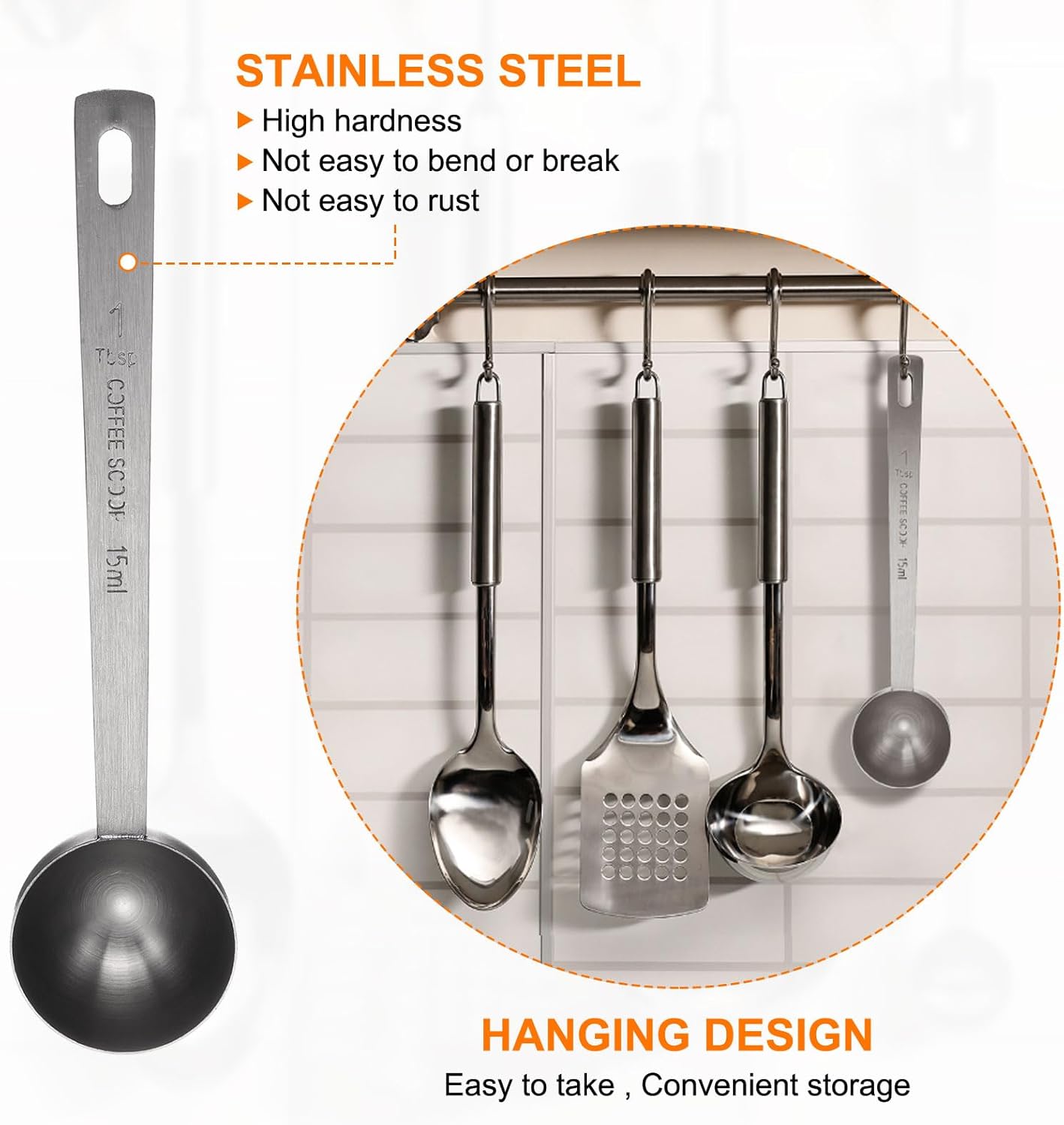 HARFINGTON 2pcs Coffee Scoop Spoon 1tbsp (3tsp, 15ml) 304 Stainless Steel Long Handle Teaspoon/Tablespoon Measuring Spoons Scoops for Tea Sugar Kitchen, Black