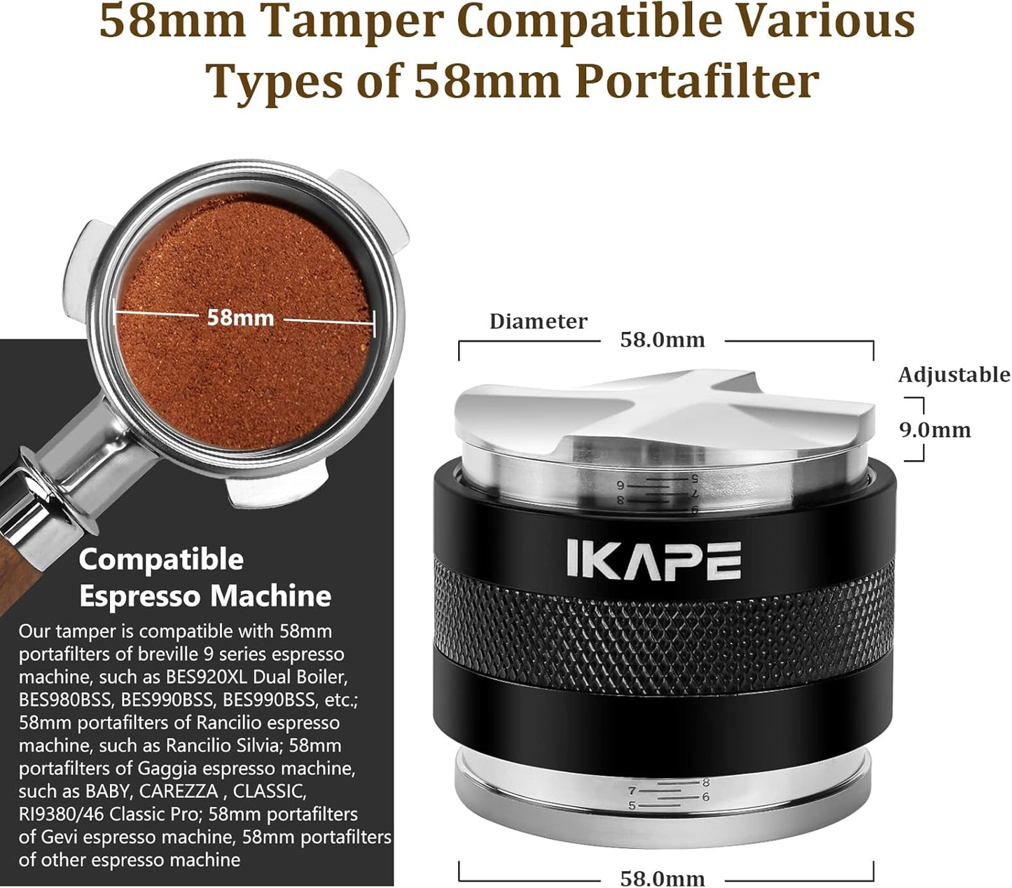 IKAPE Coffee Products, 58mm Coffee Distributor & Hand Tamper, Adjustable Depth Espresso Distributor Fits All 58mm Espresso Portafilter, Compatible with Rancilio, Gaggia Portafilter (Black)