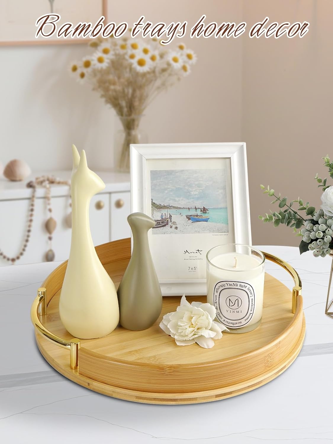 JUPELI 14″ Round Bamboo Serving Tray with Handles – Decorative Tray, Breakfast Tray, Coffee Table Tray, Ottoman Tray, Kitchen Platter for Drinks, Snacks, Vanity, Home Decor & Gifts