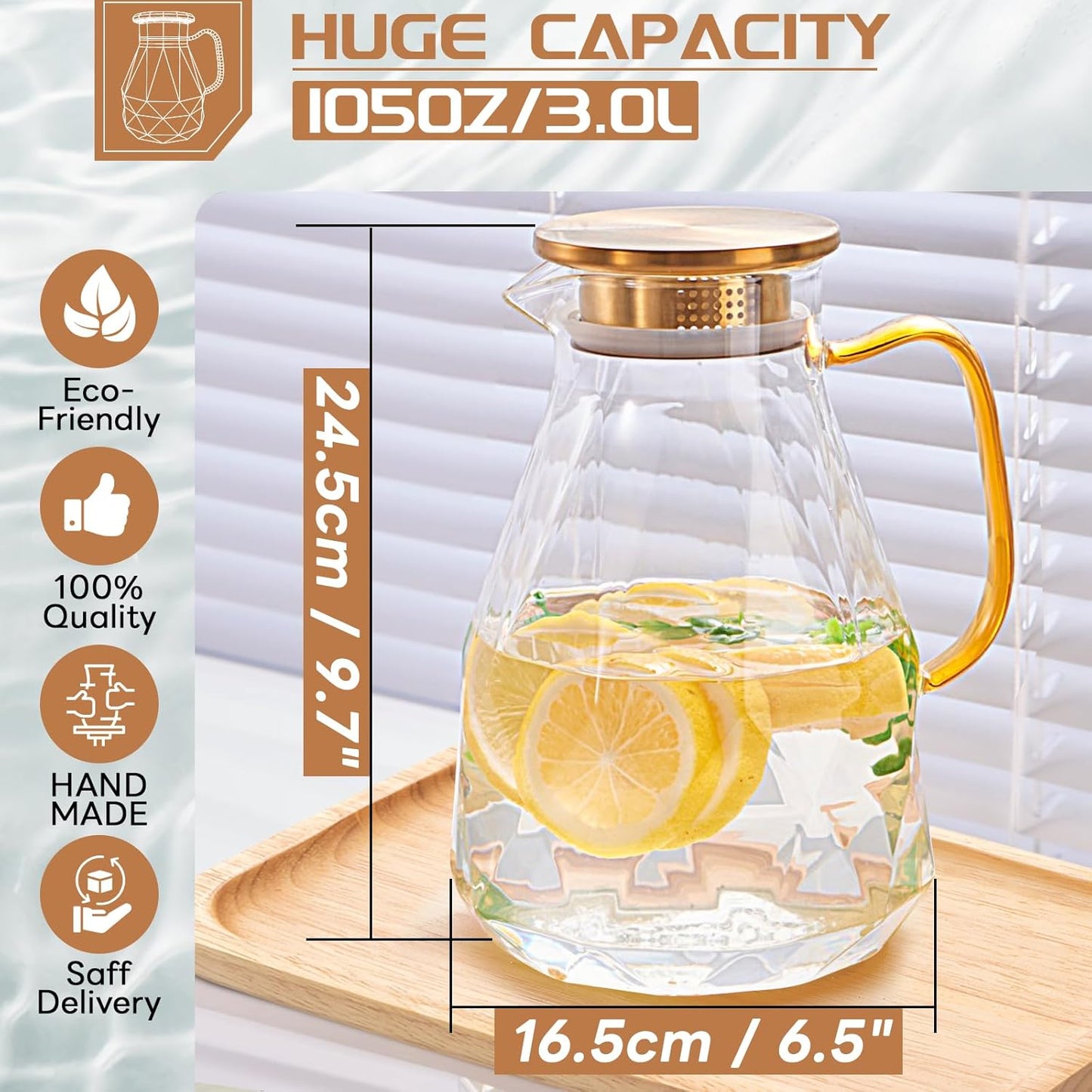 Yirilan Glass Pitcher, 3 Liter Water Carafe With Lid, Iced Tea Pitcher for Fridge