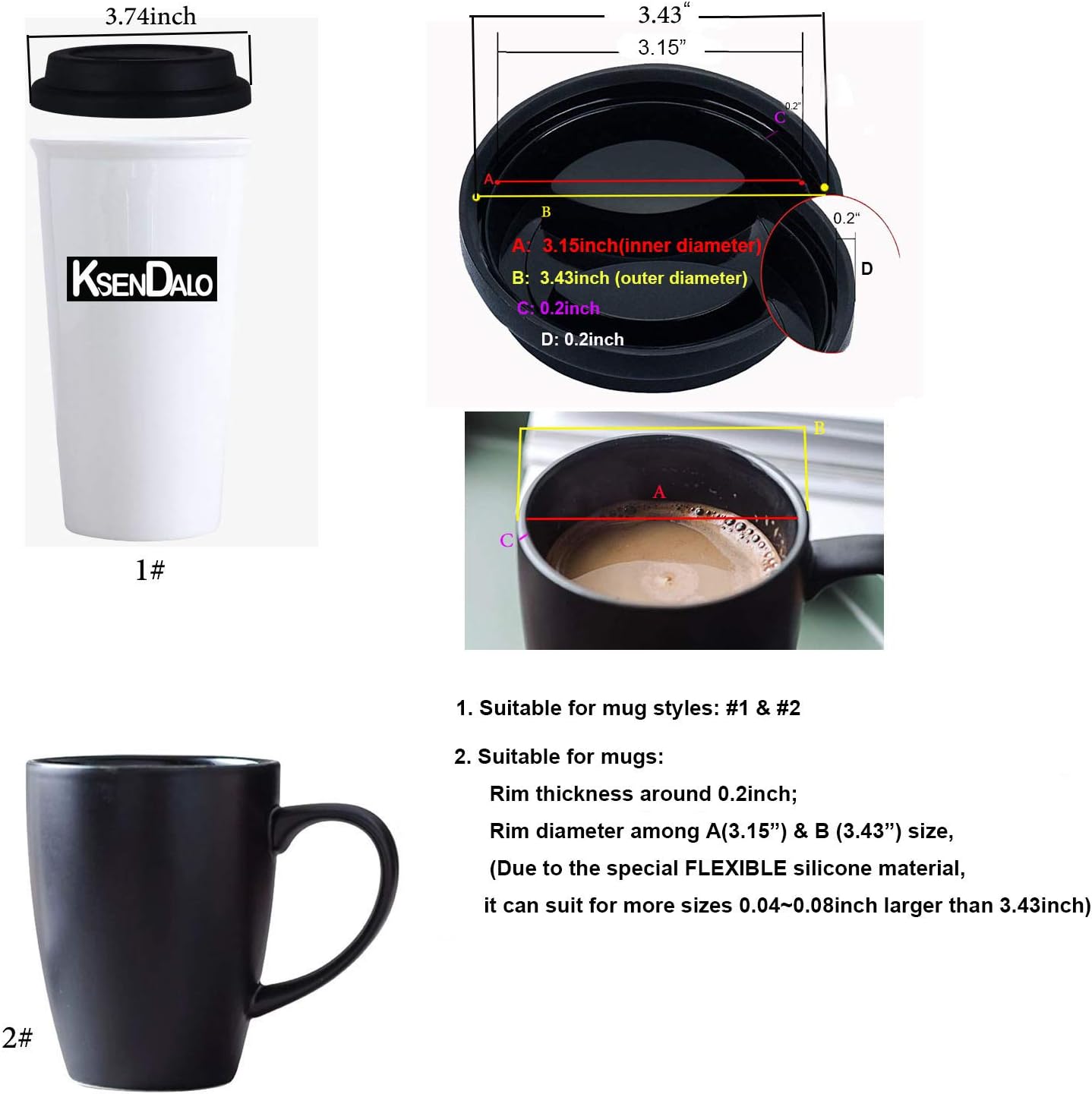 Coffee Mug Lids, KSENDALO Thicker Eco Reusable Silicone Travel Mug Lids(3.15"Inner Diameter,3.43"Outer Diameter), Silicone Cup Cover Set,Mix-color(7pcs)