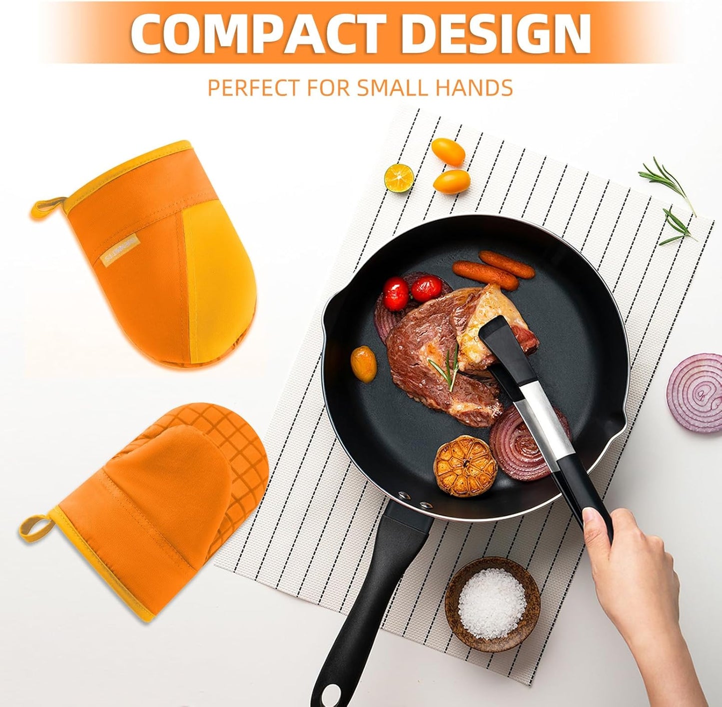 Mini Oven Mitts, Kitchen Oven Gloves Kitchen Mittens 500 Degrees Heat Resistant Baking Gloves, Non-Slip Silicone Surface with Hanging Loops Hot Gloves for Cooking, Baking, BBQ 1 Pair-Orange