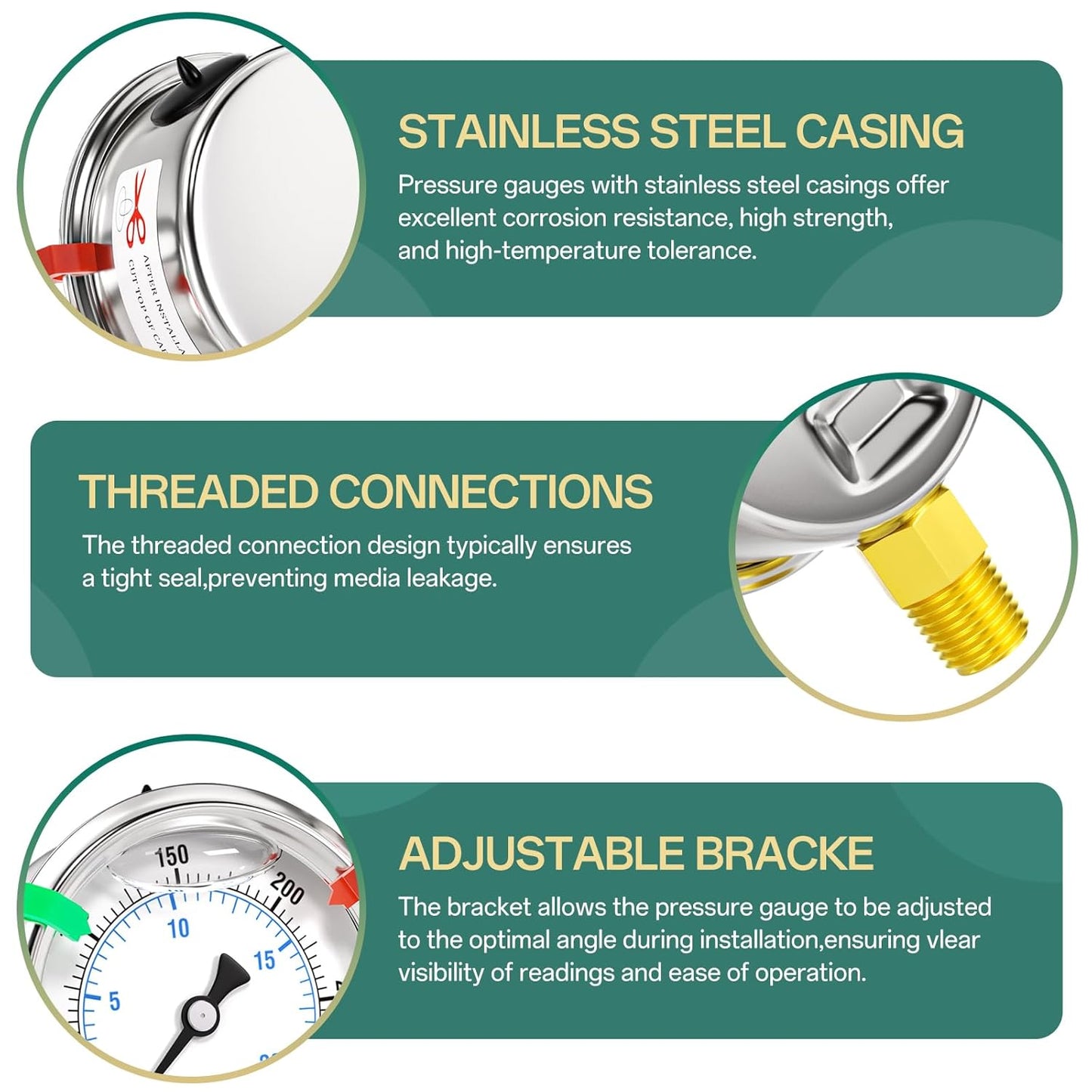 0-300psi Stainless Steel 1/4" NPT 2.5" Dial, Glycerin Liquid Filled Pressure Gauge Lower Mount Designed for Pressure Testing of Water, Oil and Air (with Range Mark Pointer)