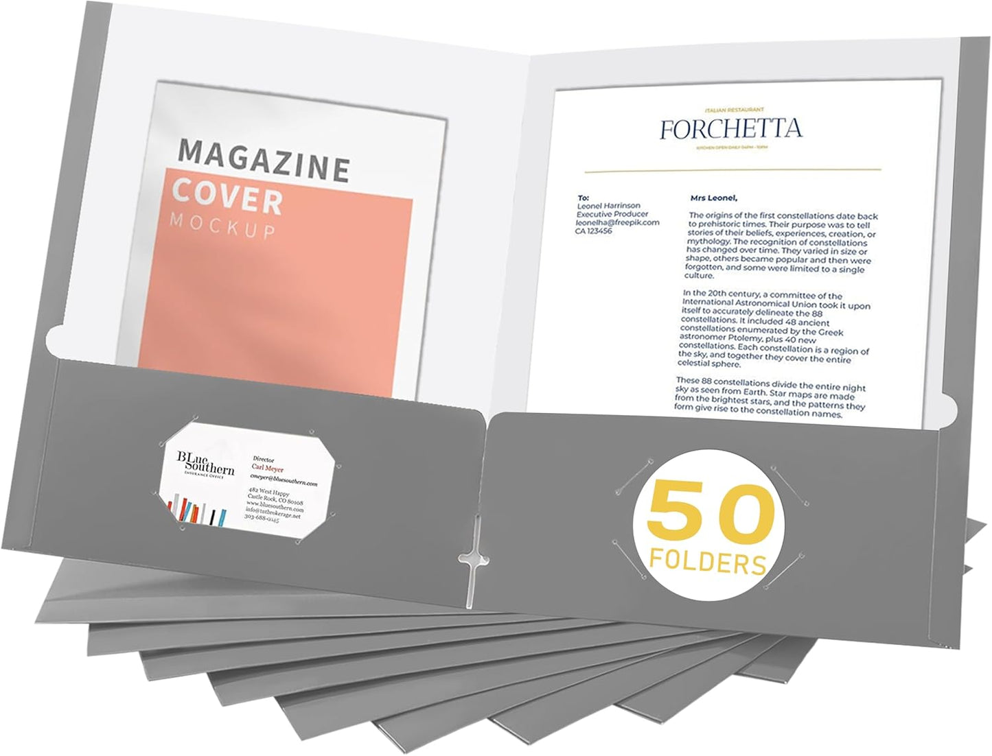 Zzrywuty File Folders with Pockets Letter Size, 50-Pack Paper Folders with Card Slot, Two Pocket Folders for School Students, Businessmen, Home and Office Workers (Grey)