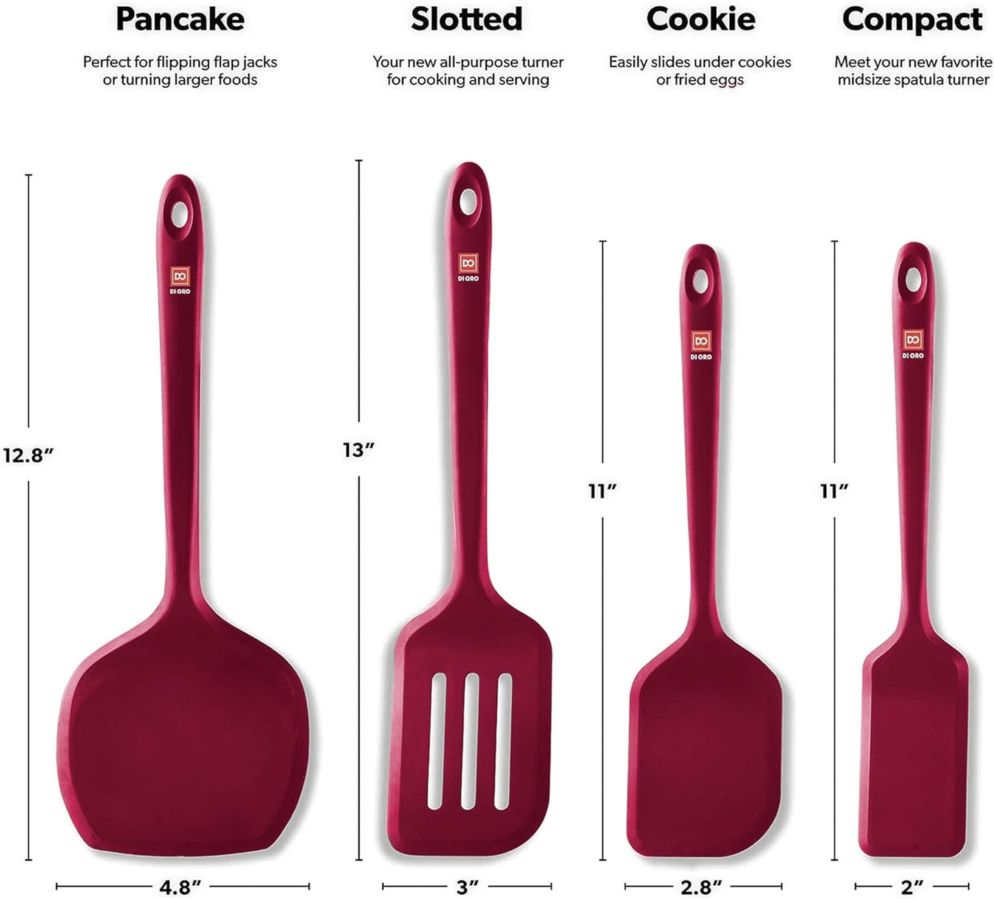 New DI ORO Seamless Series Moda 4-Piece Silicone Turner Spatula Set - 600°F Heat-Resistant Flexible Kitchen Spatulas for Nonstick Cookware - Flippers for Eggs & Pancakes - Utensils for Cooking (Red)