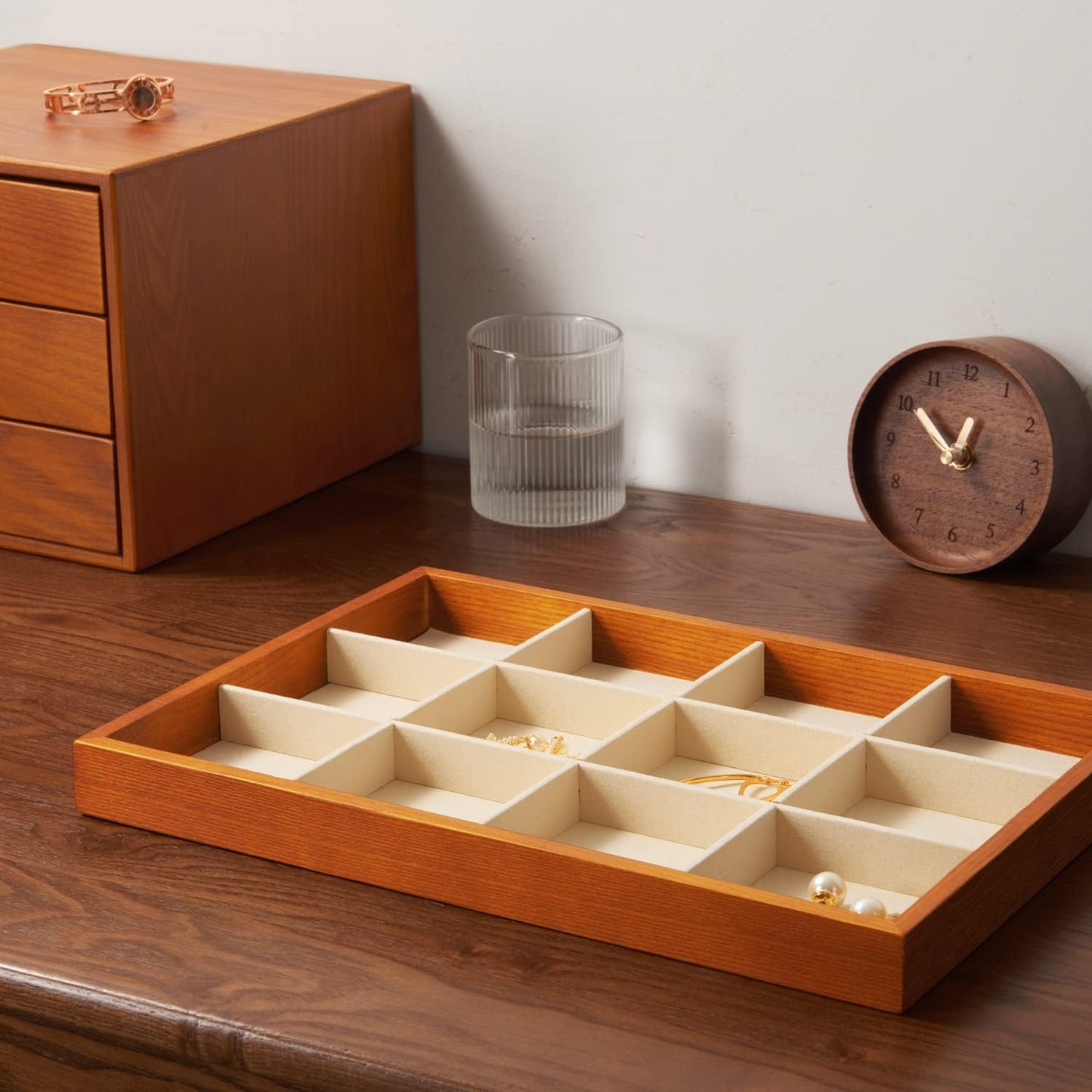 Oirlv 12 Grids Wood Jewelry Organizer Tray Stackable Jewelry Drawer Tray Bracelet/Watch Showcase Display Storage(Creamy-white)