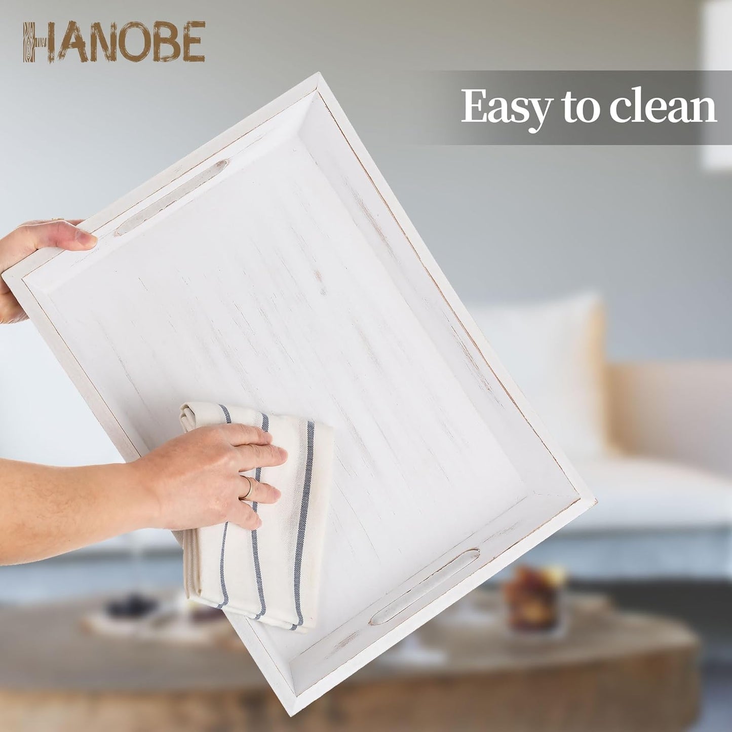 Hanobe Decorative Wooden Serving Tray: Rustic Wood Ottoman Trays for Coffee Table Rectangular Tray with Handles for Living Room Kitchen Home Decor, White