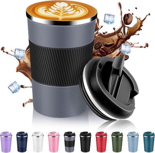 Volhoply 13 oz Stainless Steel Insulated Travel Coffee Mug with Fip Lid,Reusable Double Wall Vacuum Metal Coffee Cup,Portable to Go Leak Proof Cafe Thermal Tumbler for Hot & Cold Drinks(Gray,1)