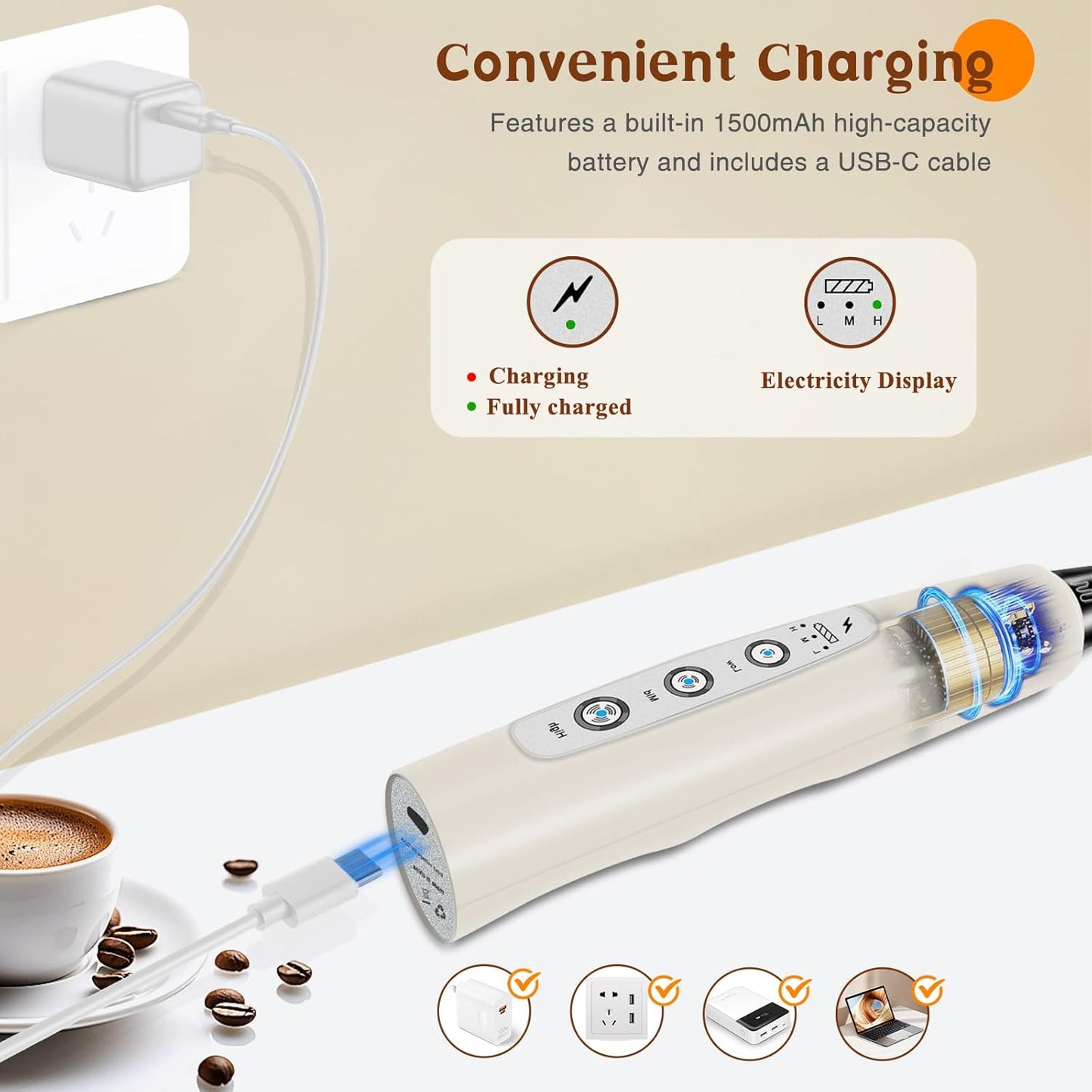 Milk Frother Handheld Rechargeable, Frother Wand Drink Mixer Electric Whisk for Coffee, Detachable With 3 Stainless Whisks, Hand Mixer for Lattes, Cappuccino, Matcha, Egg, No Stand, Beige